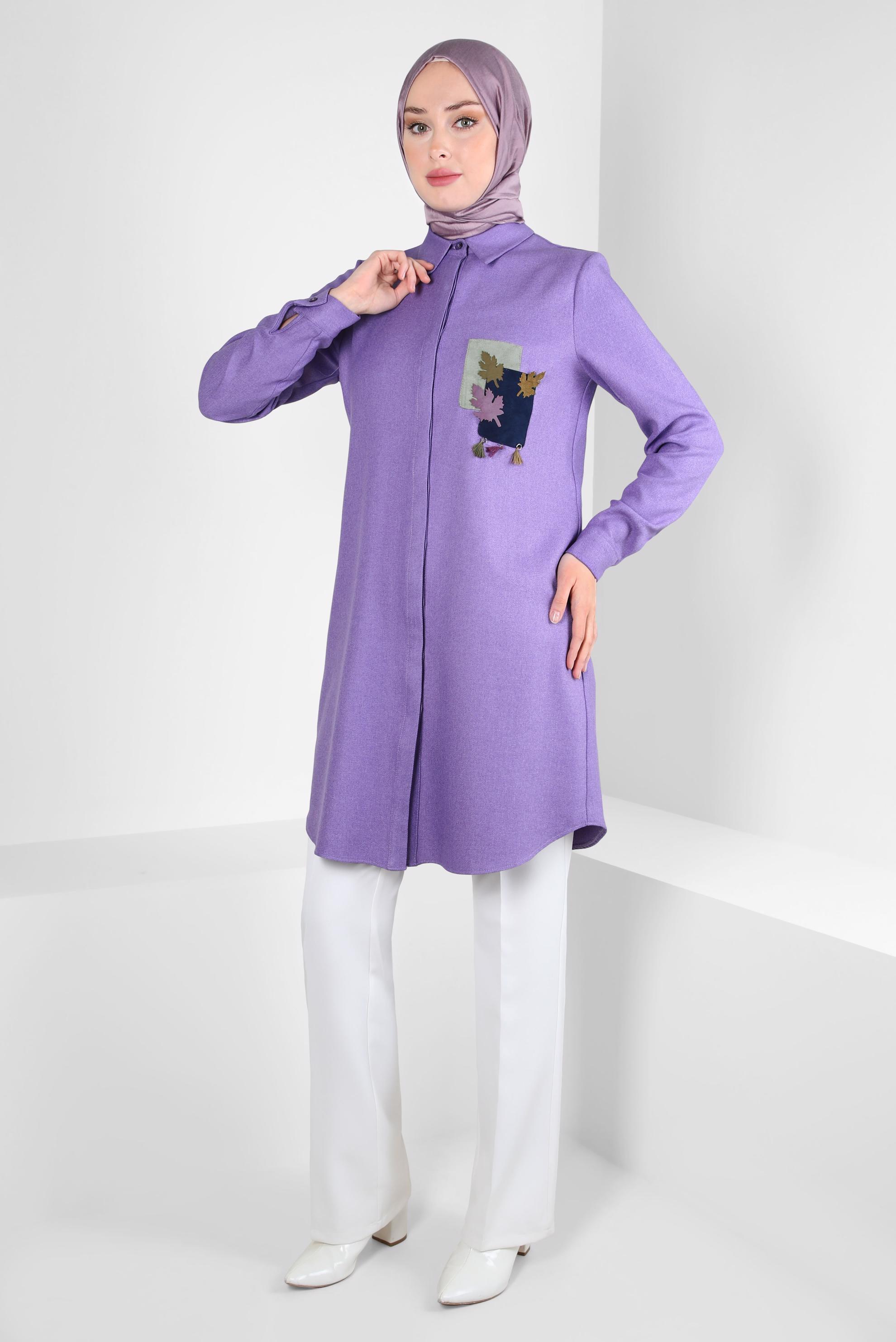 Tesettür giyim MOR DESENLİ PÜSKÜLLÜ TUNİK 44140