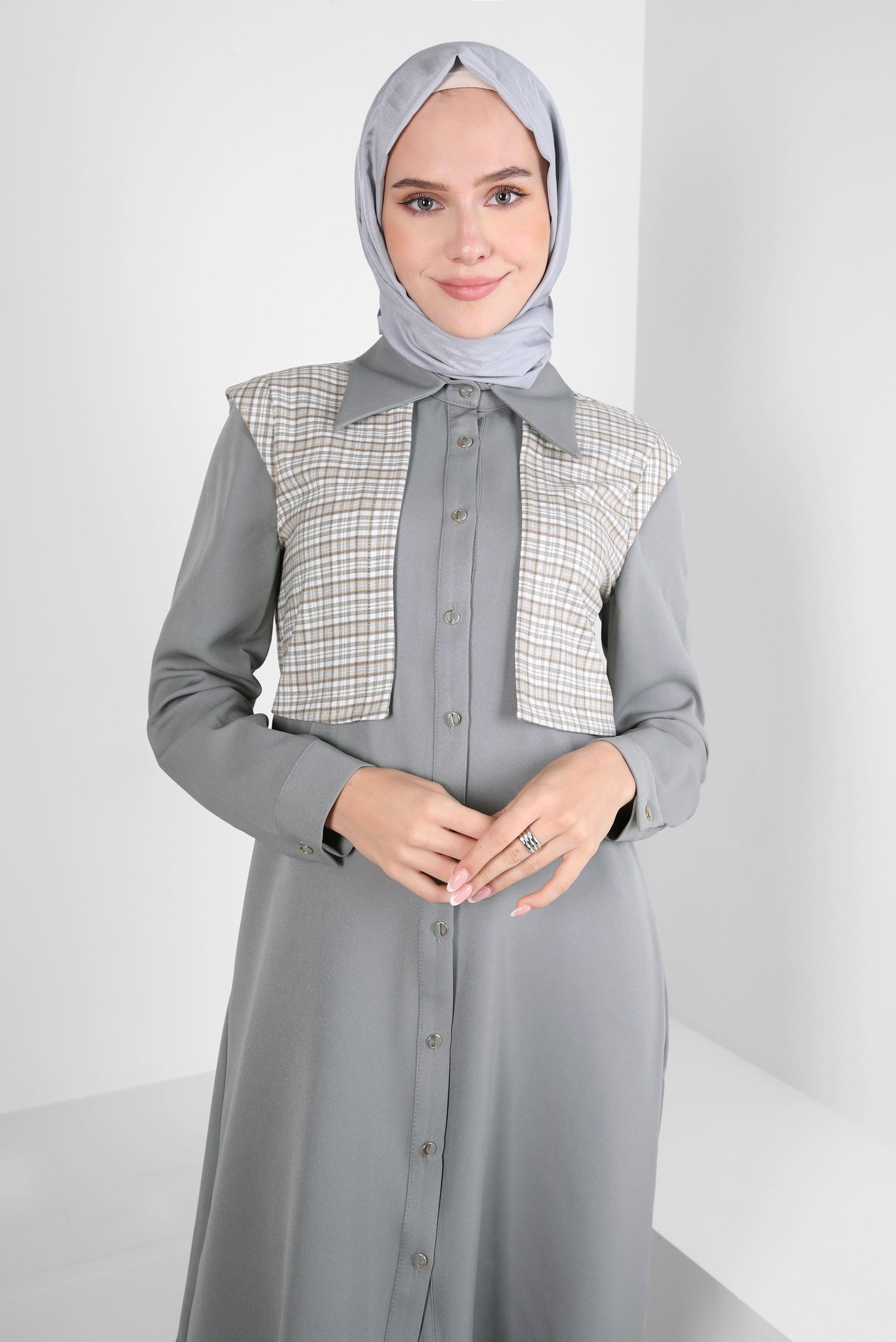 Tesettür giyim GRİ EKOSE DESENLİ GÖMLEK TUNİK 44141