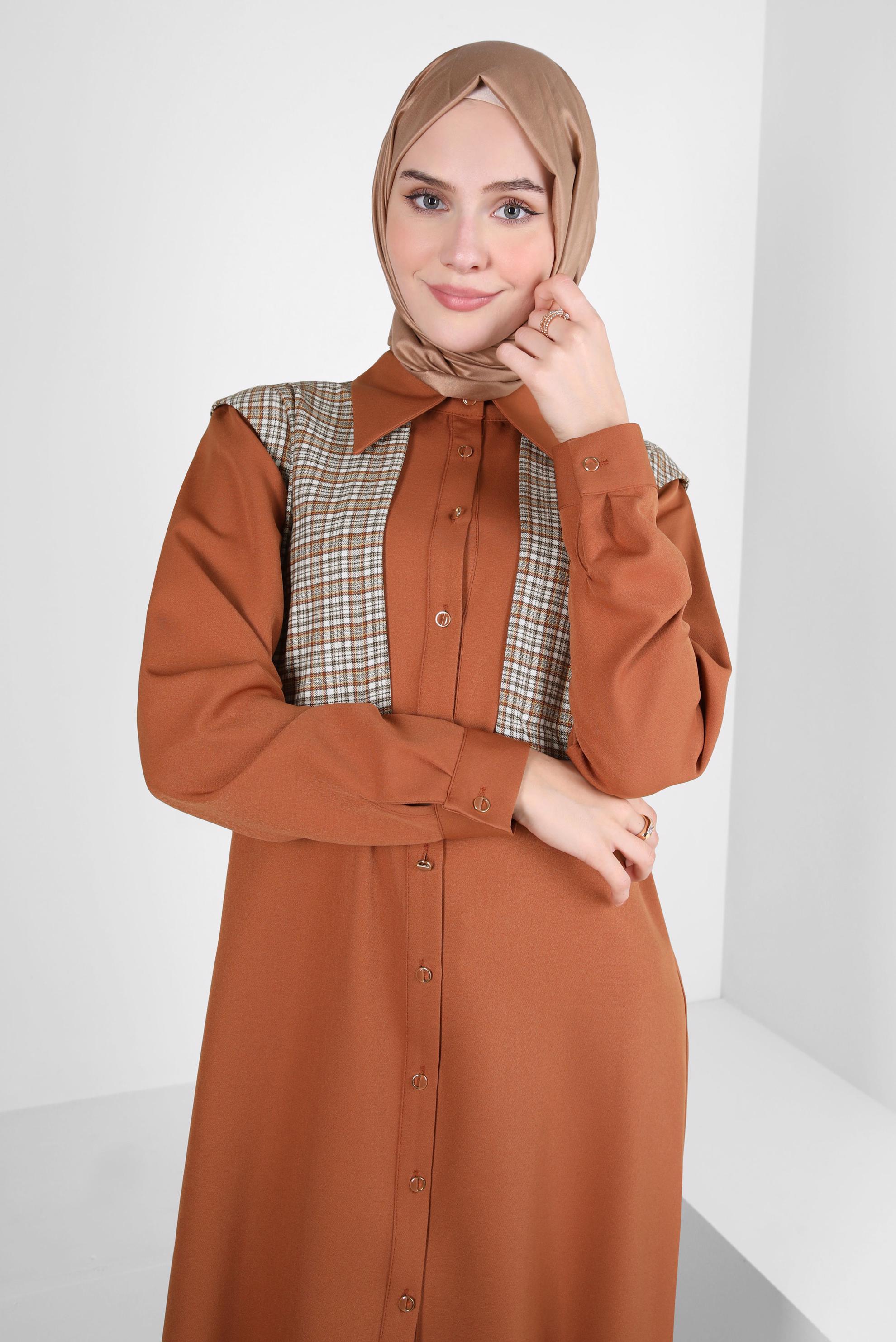 Tesettür giyim TABA EKOSE DESENLİ GÖMLEK TUNİK 44141