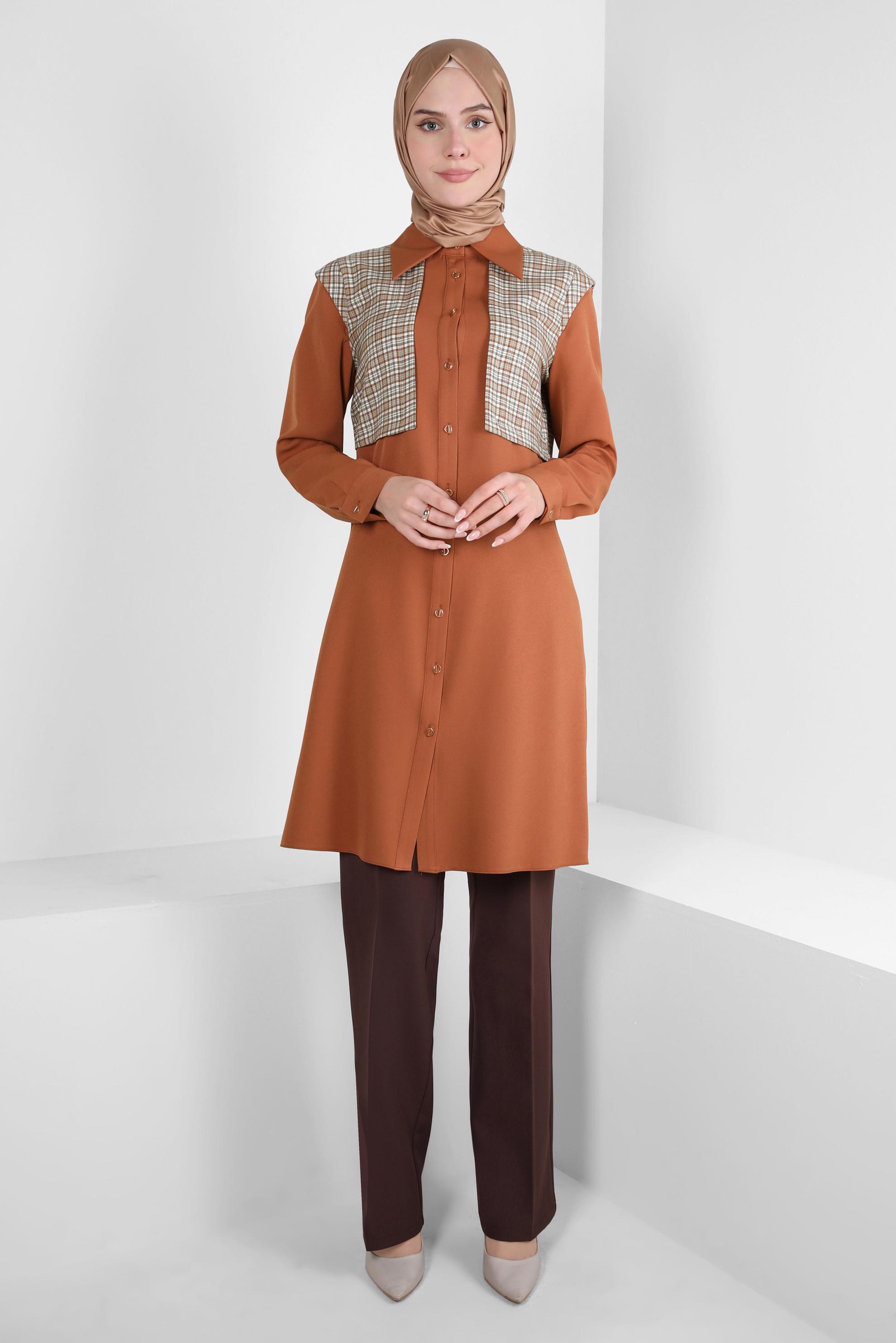 Tesettür giyim TABA EKOSE DESENLİ GÖMLEK TUNİK 44141