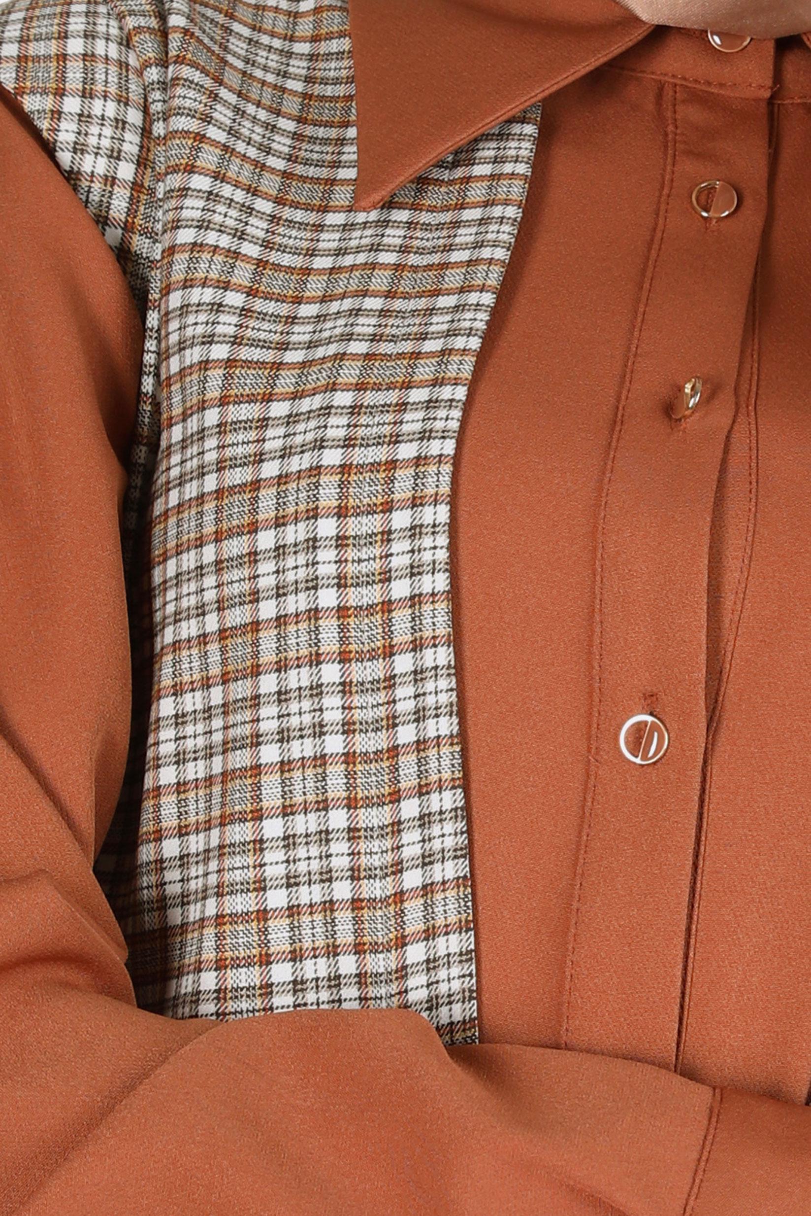 Tesettür giyim TABA EKOSE DESENLİ GÖMLEK TUNİK 44141