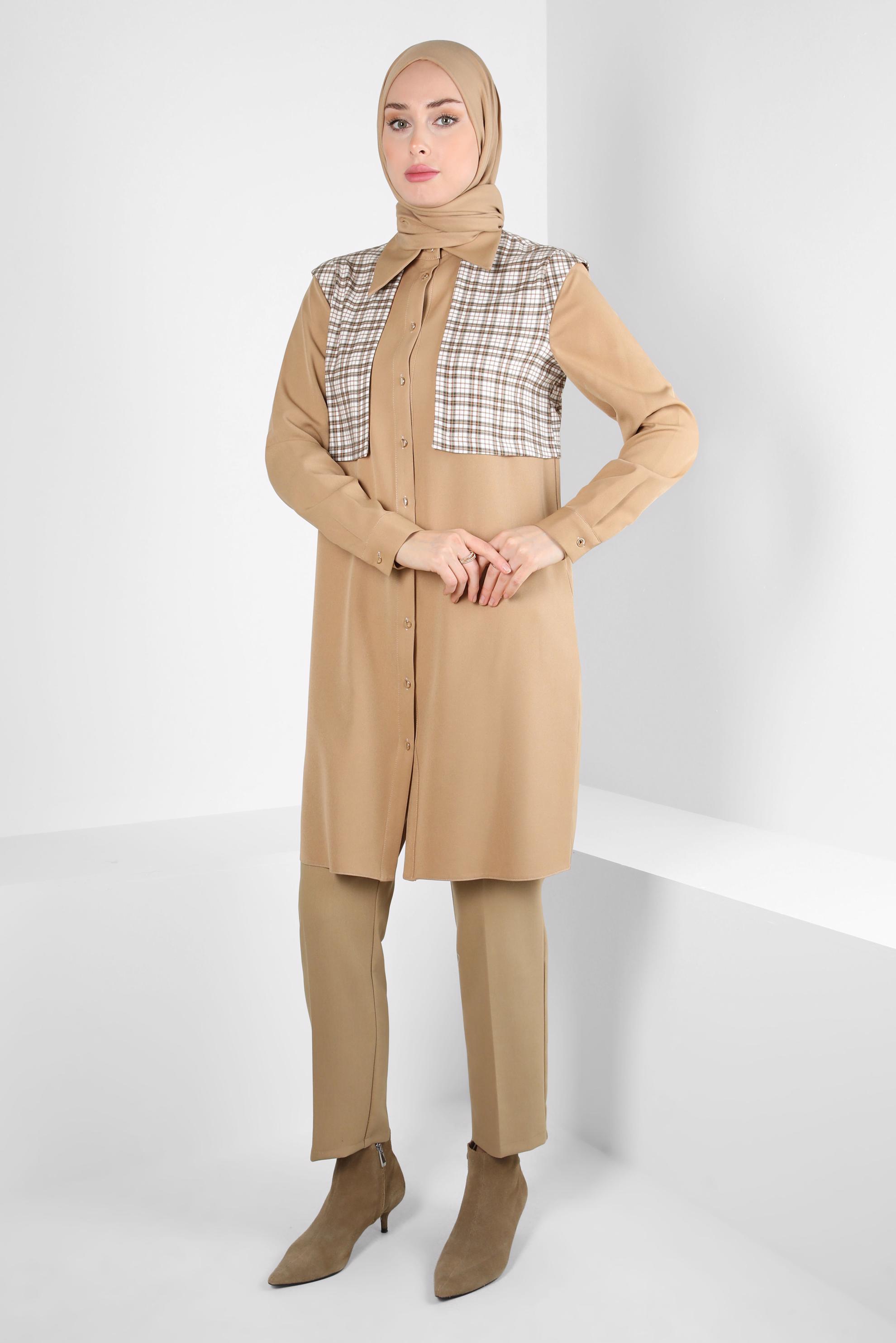 Tesettür giyim KUM EKOSE DESENLİ GÖMLEK TUNİK 44141