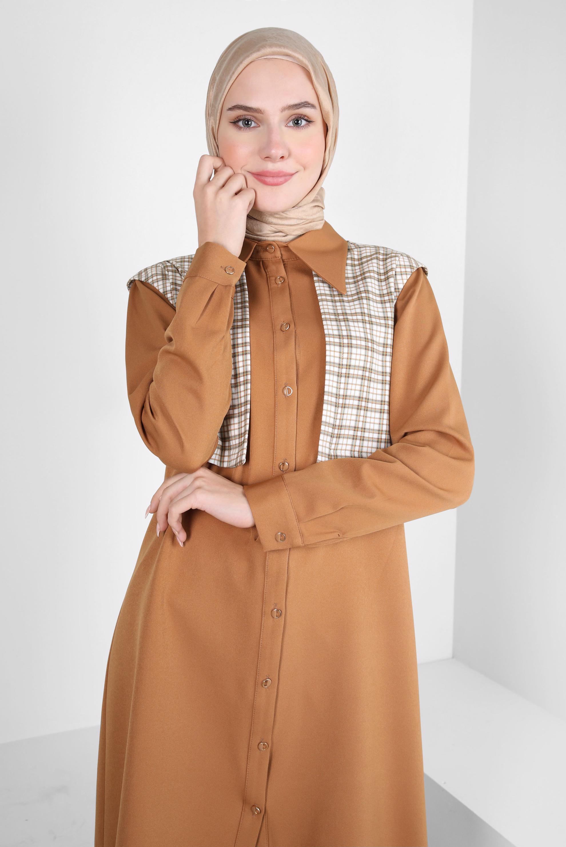 Tesettür giyim SARI EKOSE DESENLİ GÖMLEK TUNİK 44141