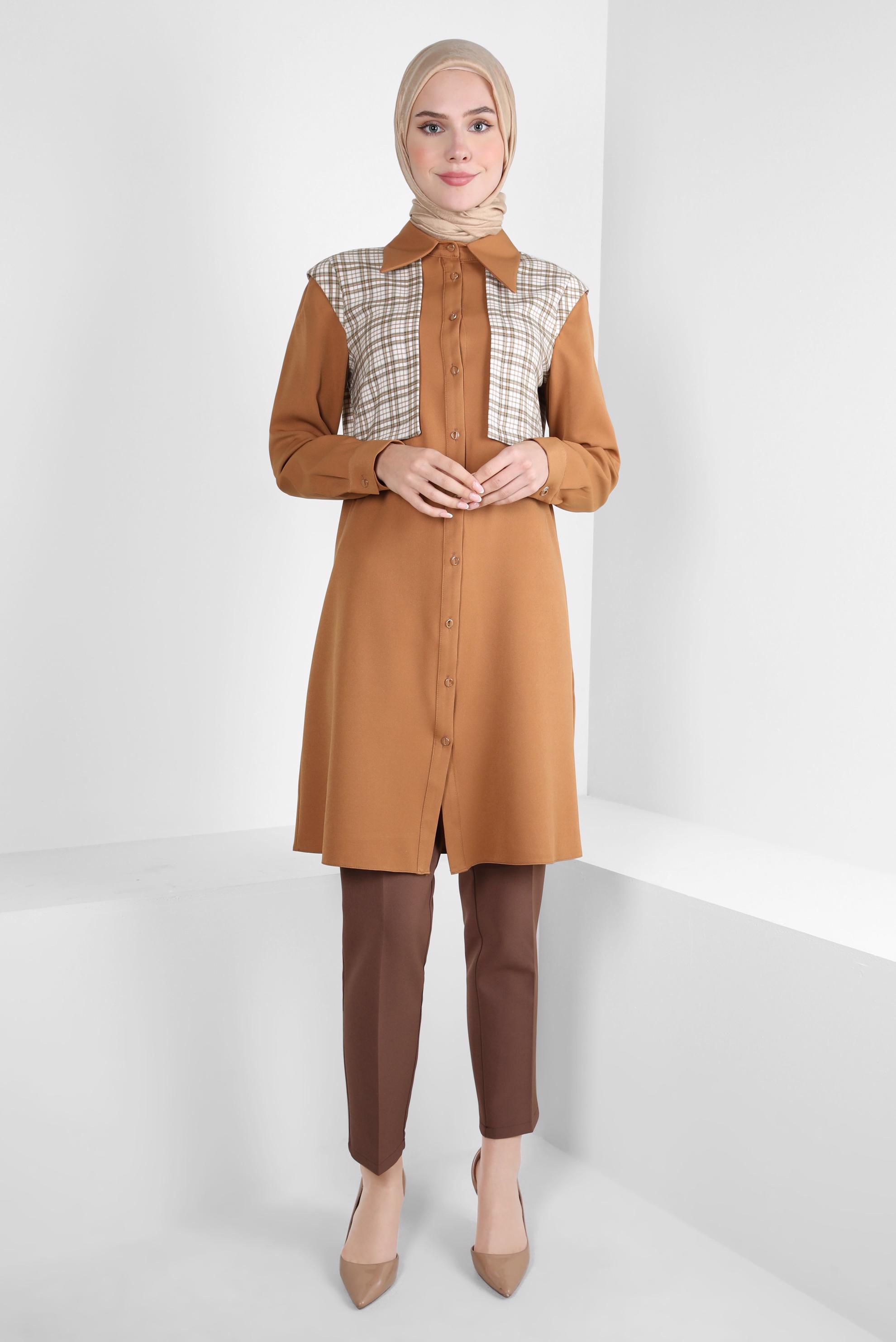 Tesettür giyim SARI EKOSE DESENLİ GÖMLEK TUNİK 44141