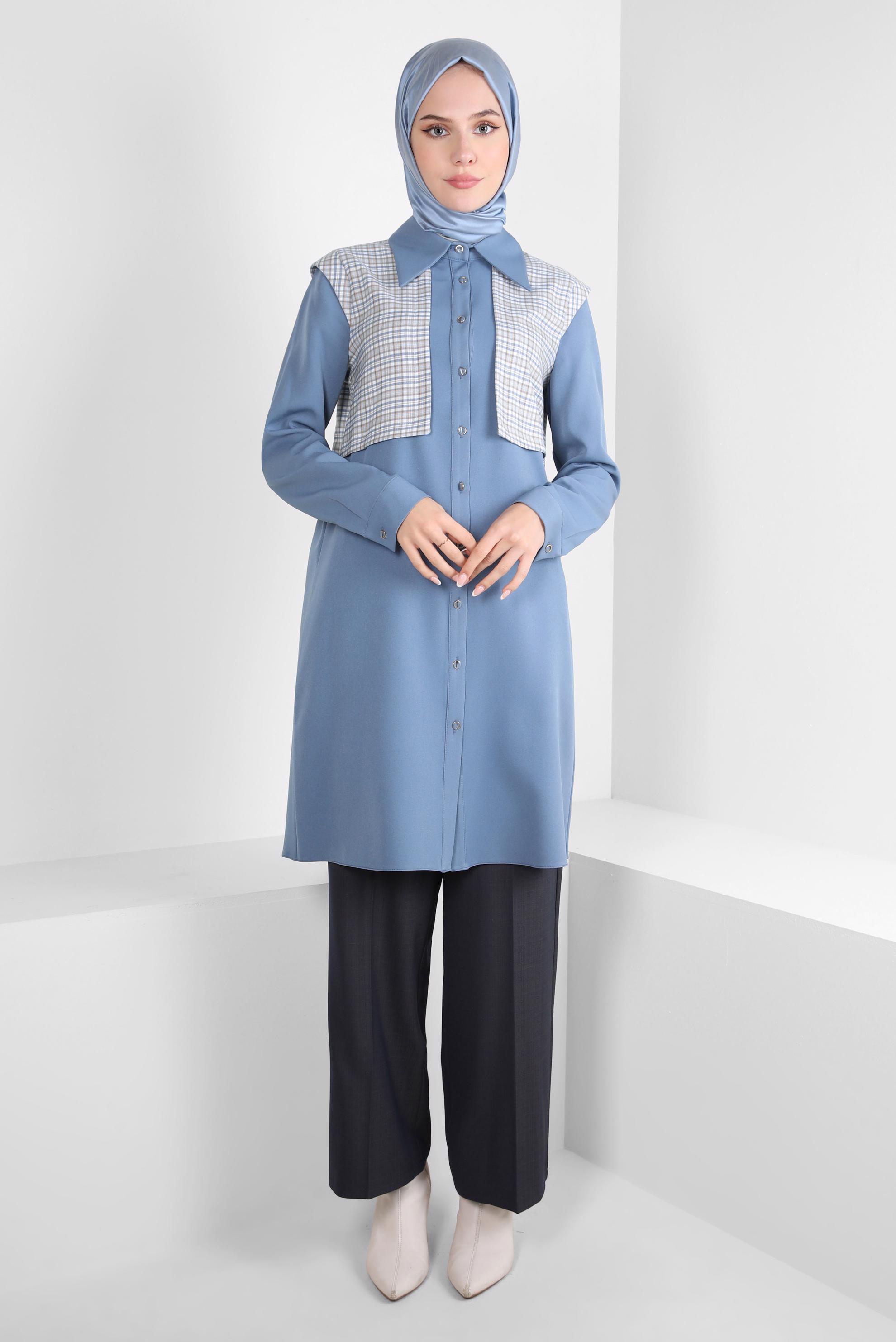 Tesettür giyim MAVİ EKOSE DESENLİ GÖMLEK TUNİK 44141