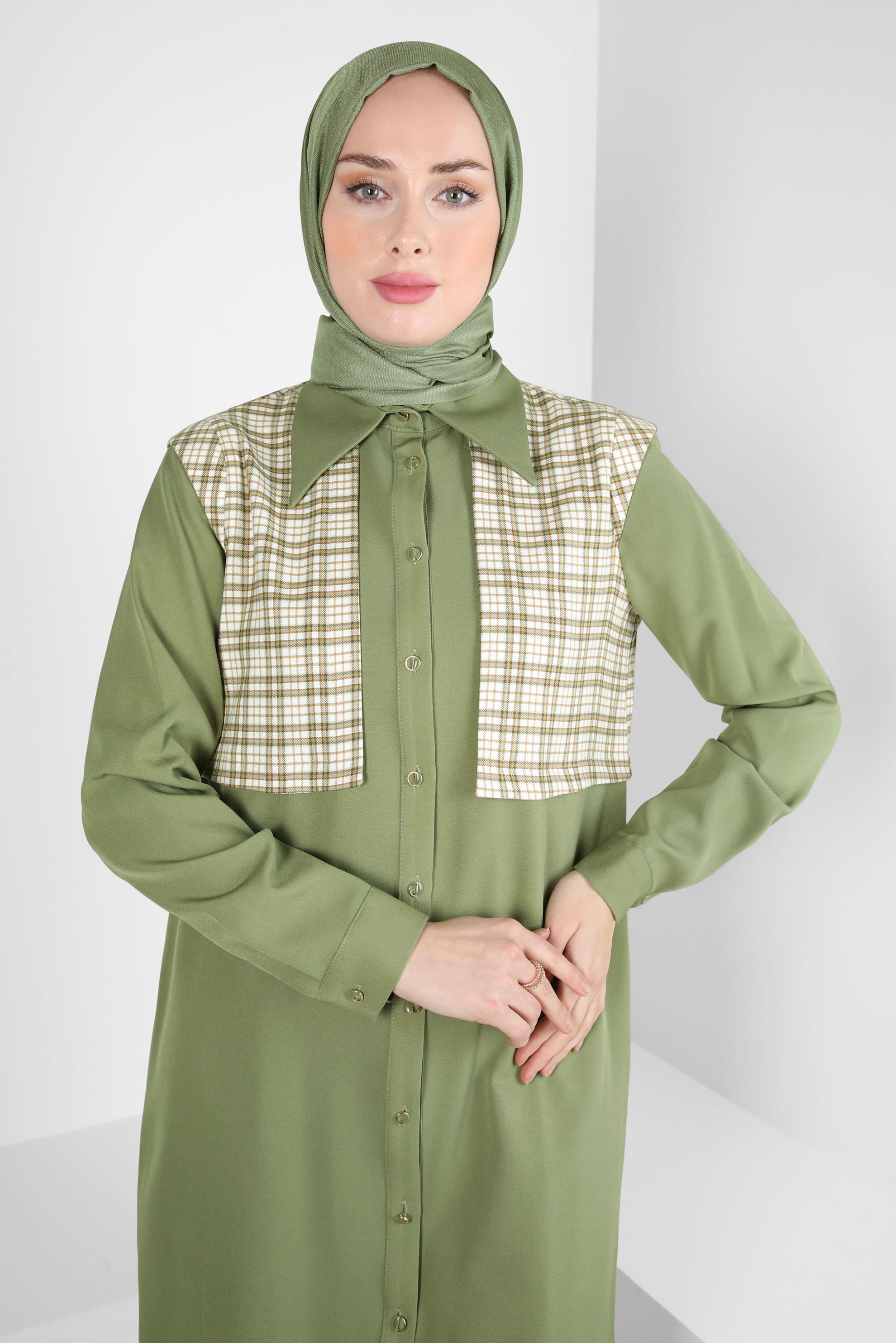 Tesettür giyim YEŞİL EKOSE DESENLİ GÖMLEK TUNİK 44141