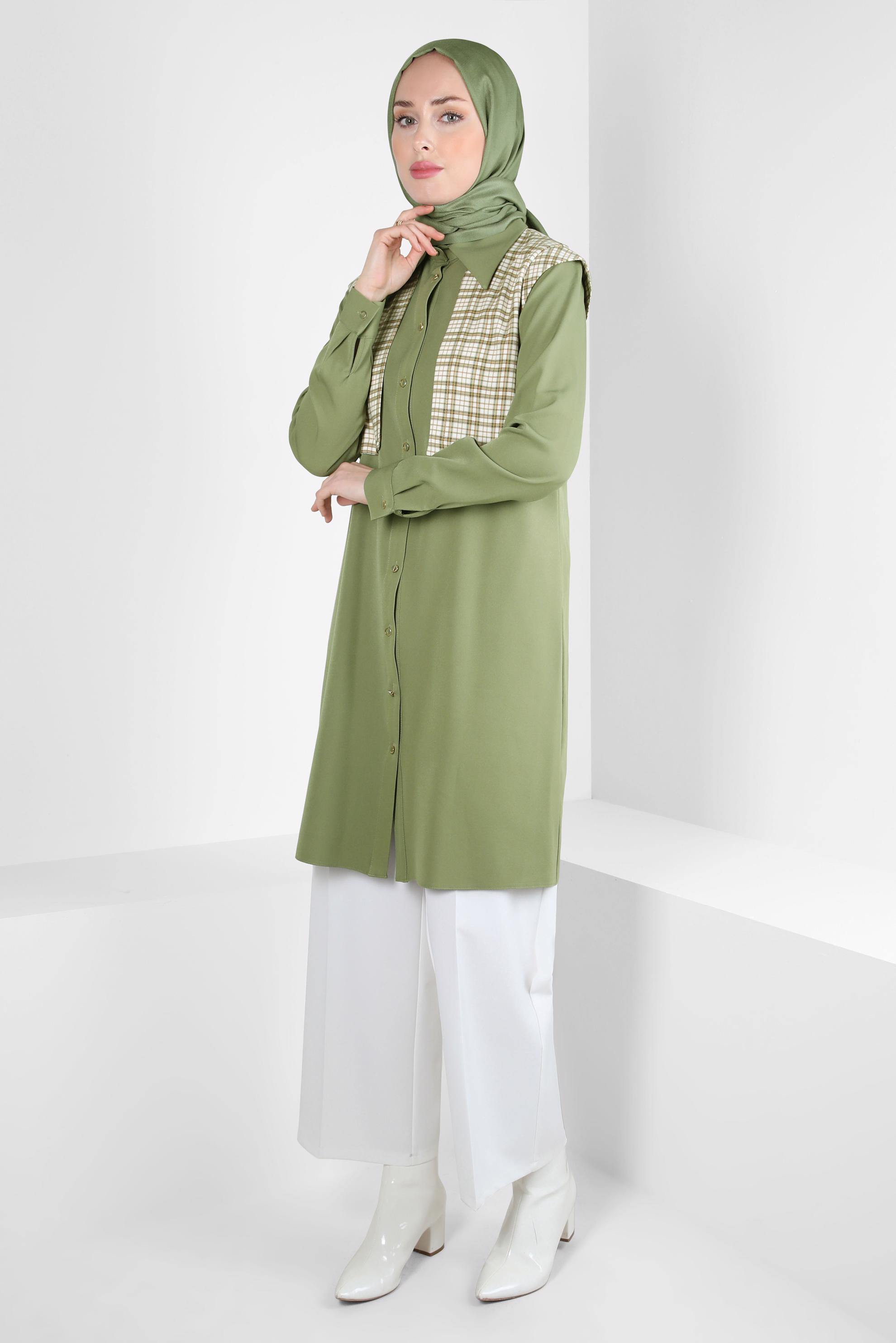 Tesettür giyim YEŞİL EKOSE DESENLİ GÖMLEK TUNİK 44141