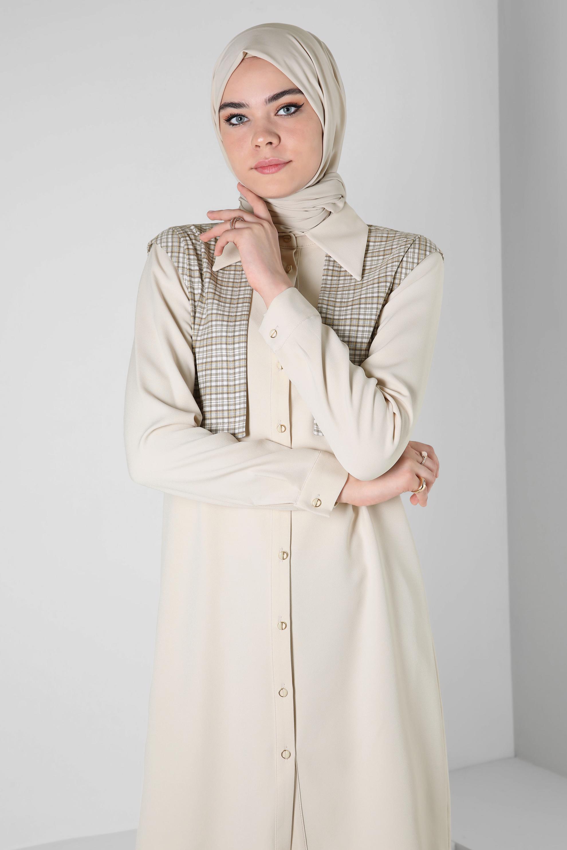 Tesettür giyim EKRU EKOSE DESENLİ GÖMLEK TUNİK 44141