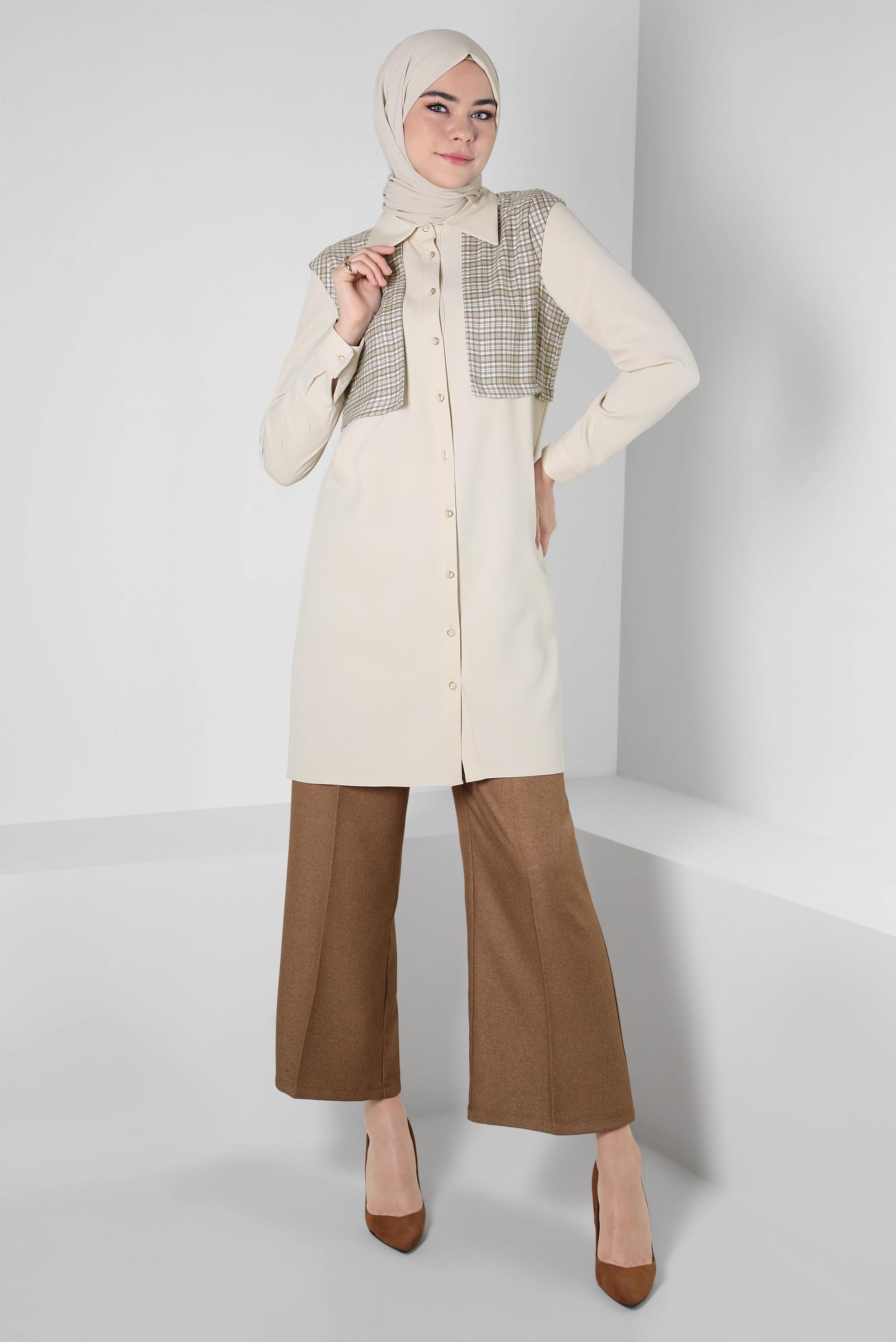 Tesettür giyim EKRU EKOSE DESENLİ GÖMLEK TUNİK 44141