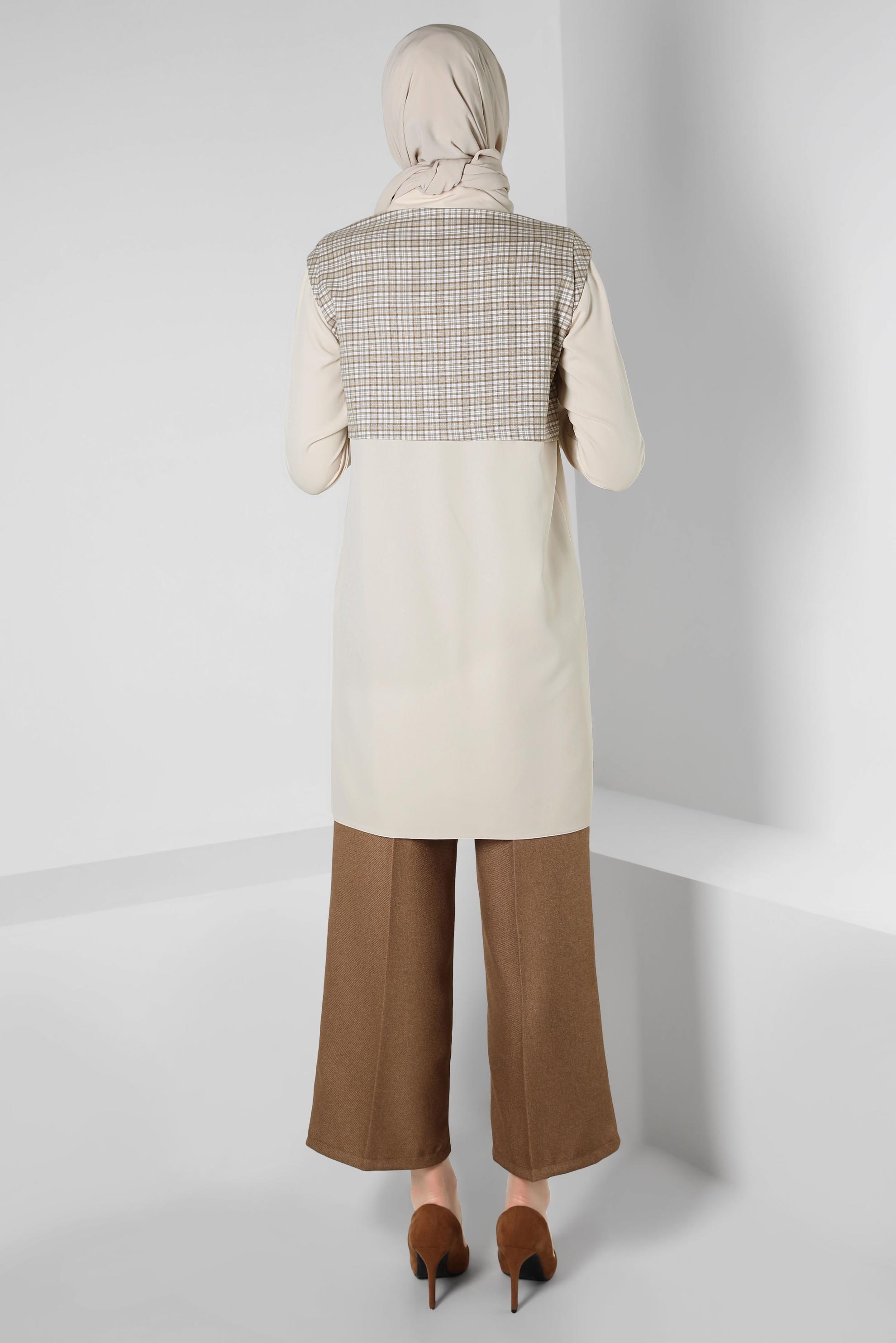 Tesettür giyim EKRU EKOSE DESENLİ GÖMLEK TUNİK 44141