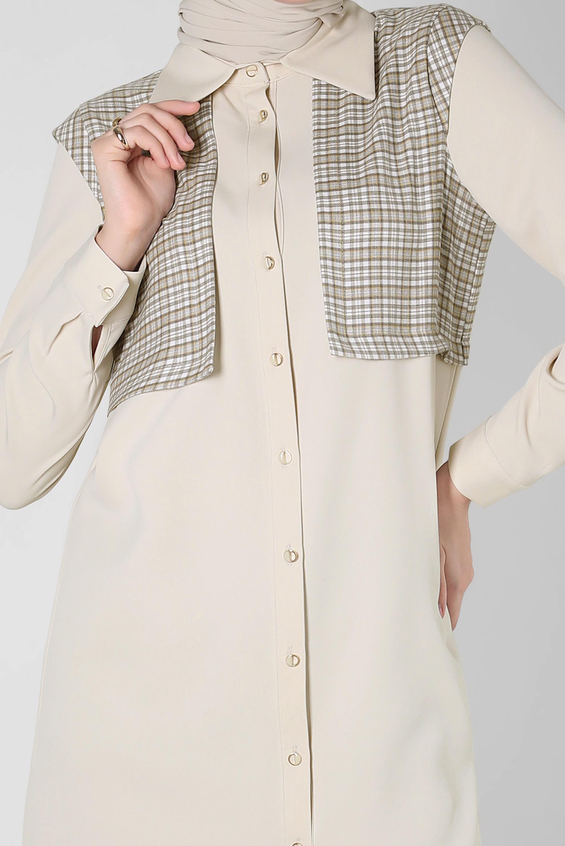 Tesettür giyim EKRU EKOSE DESENLİ GÖMLEK TUNİK 44141