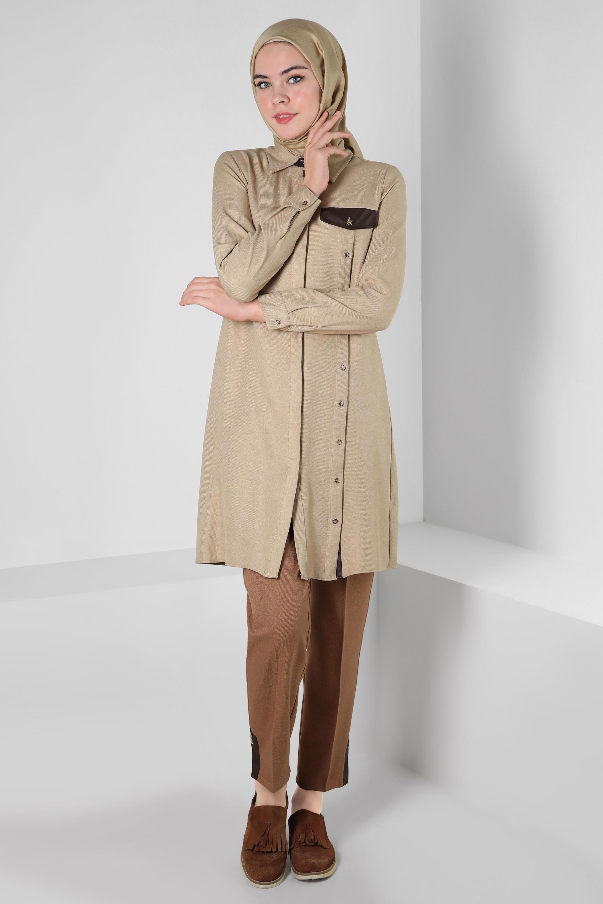 Tesettür giyim BEJ DÜĞME DETAYLI TUNİK 44142