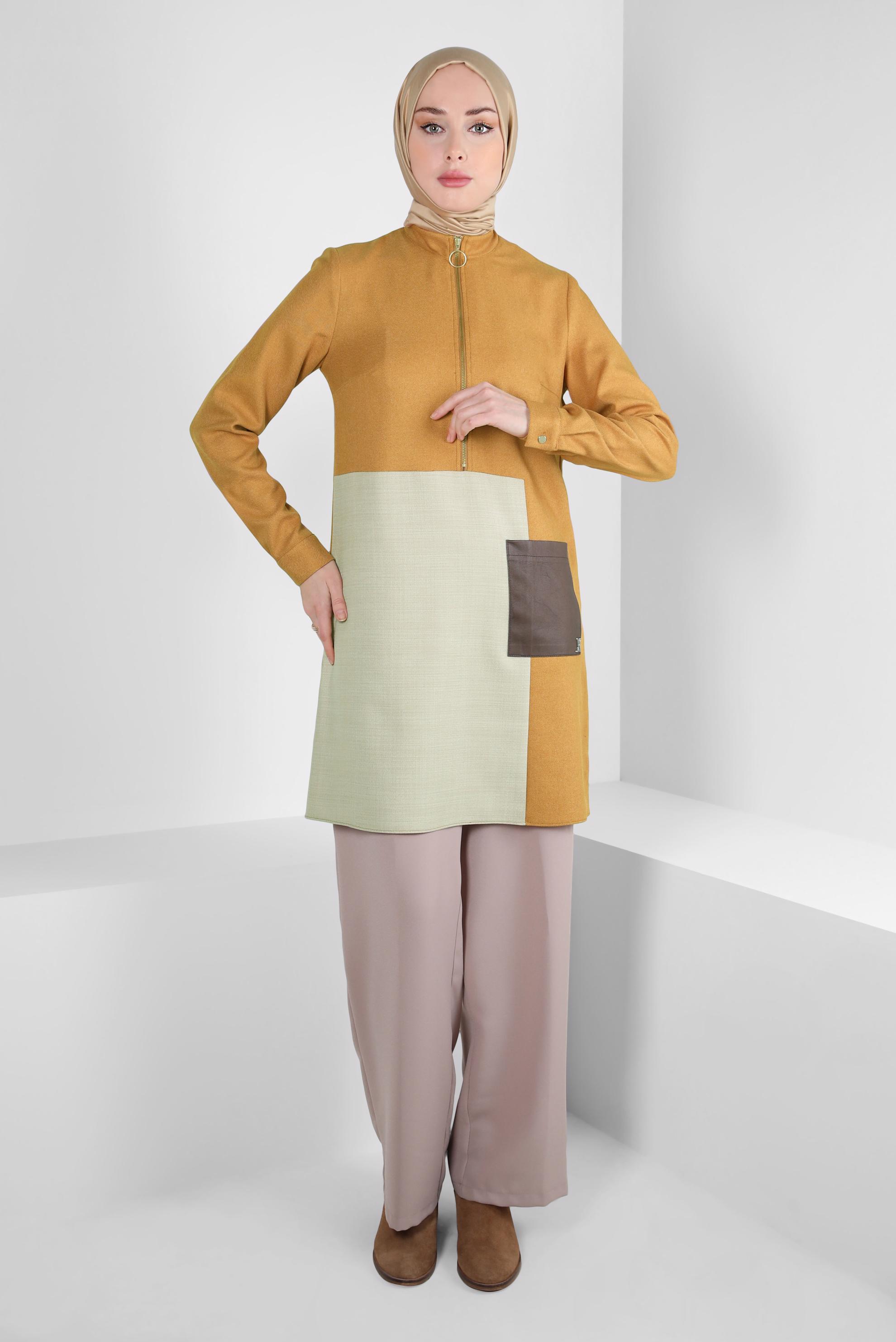 Tesettür giyim SARI RENK BLOKLU TUNİK 44143