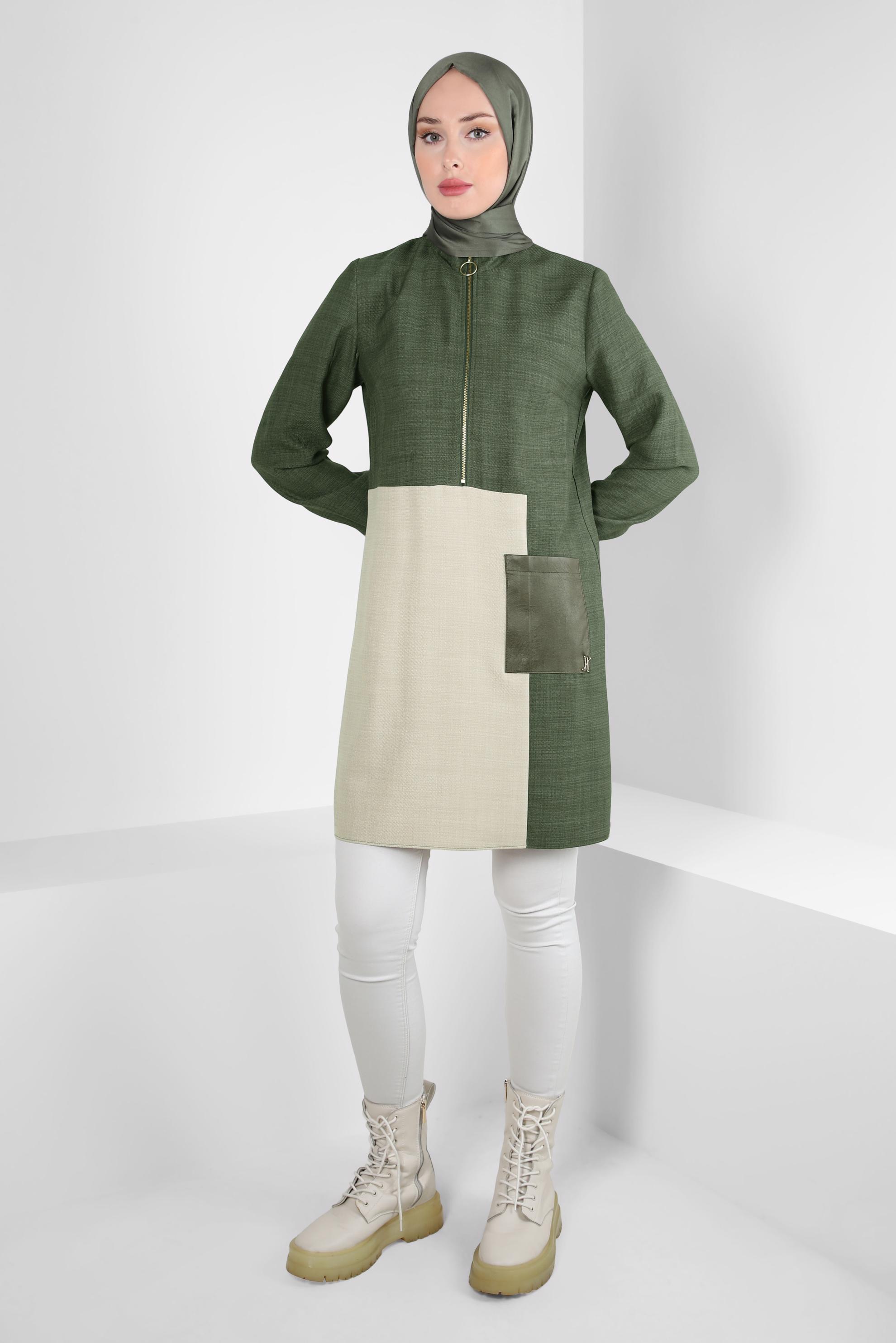 Tesettür giyim HAKİ RENK BLOKLU TUNİK 44143