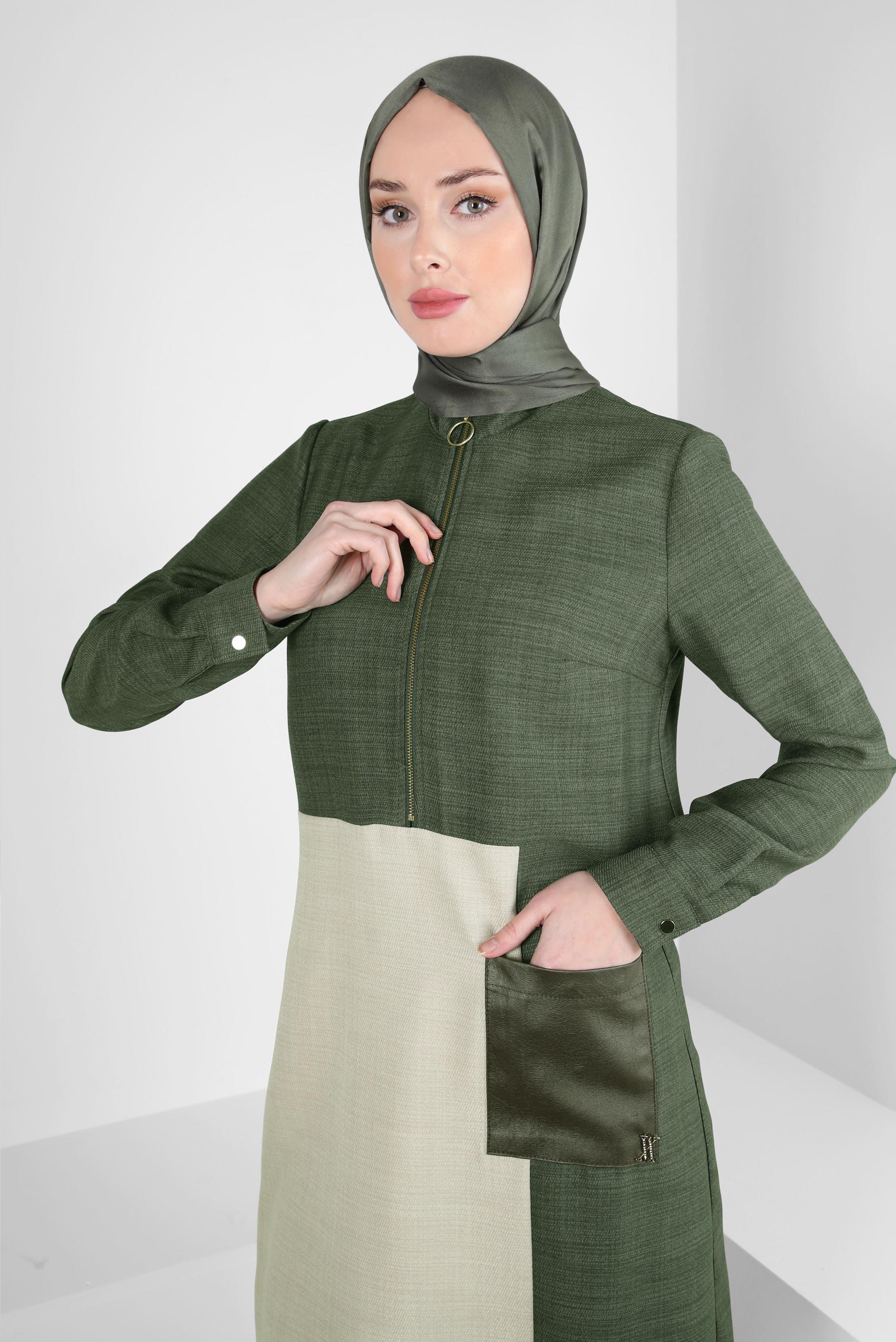 Tesettür giyim HAKİ RENK BLOKLU TUNİK 44143