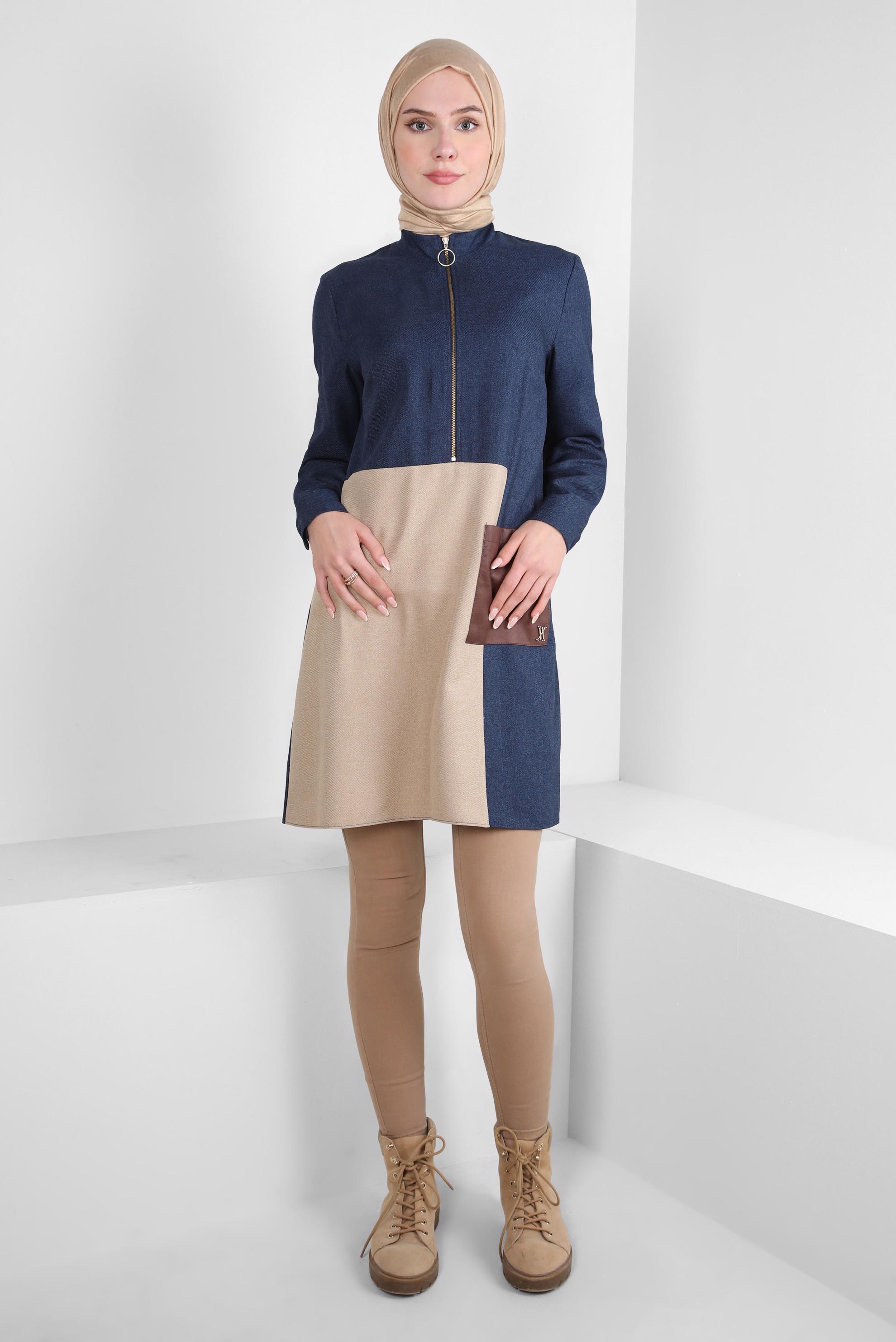 Tesettür giyim LACİVERT RENK BLOKLU TUNİK 44143