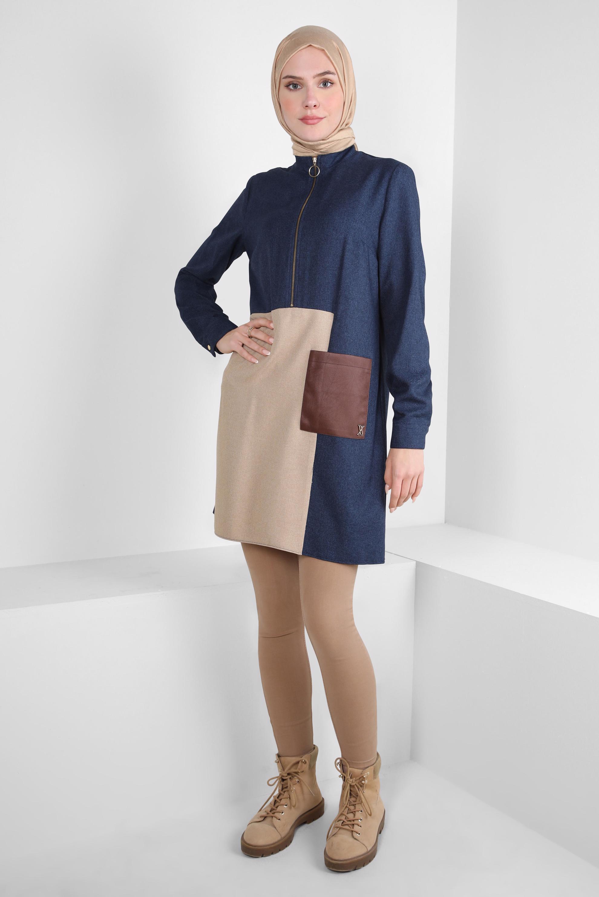 Tesettür giyim LACİVERT RENK BLOKLU TUNİK 44143