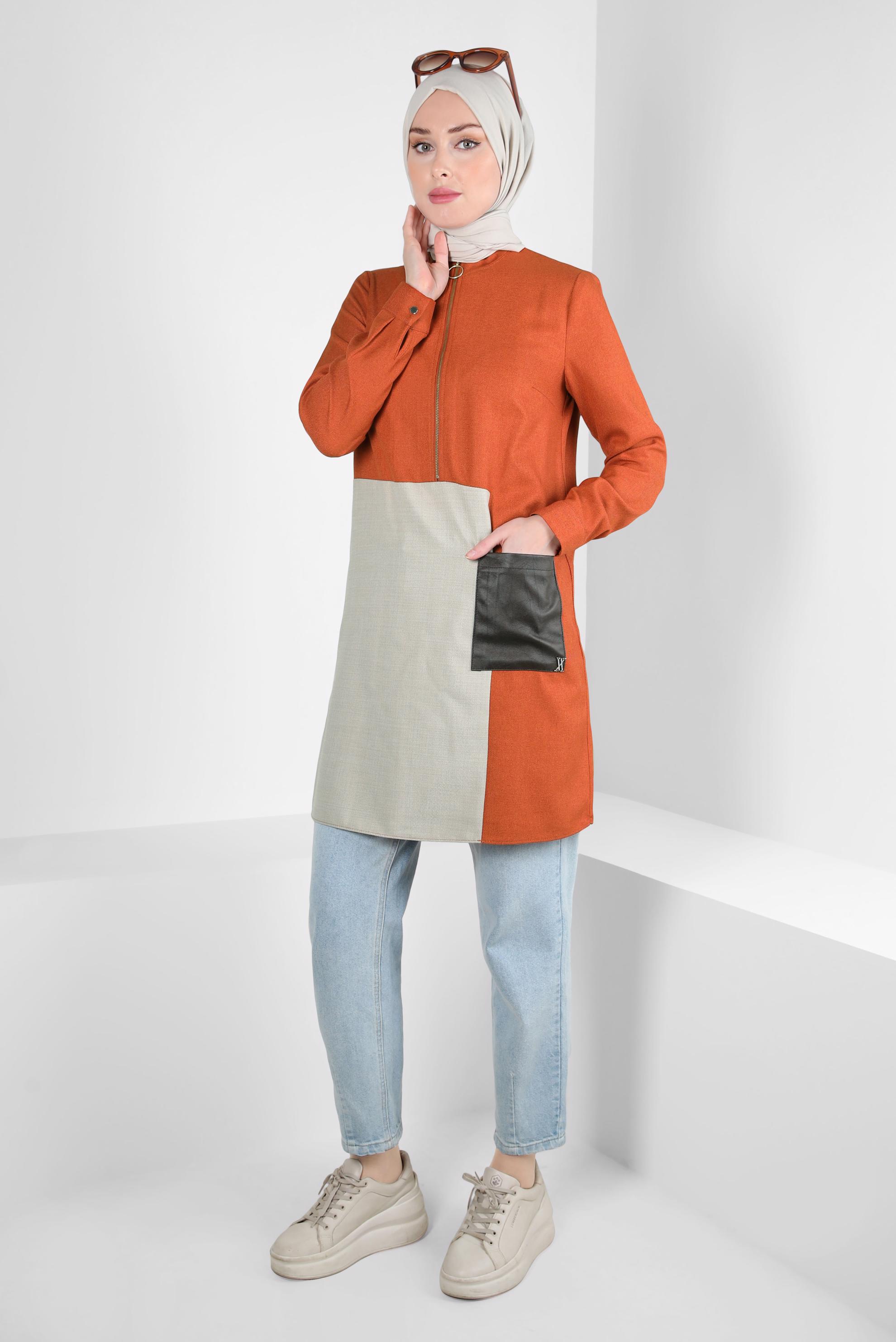 Tesettür giyim TABA RENK BLOKLU TUNİK 44143