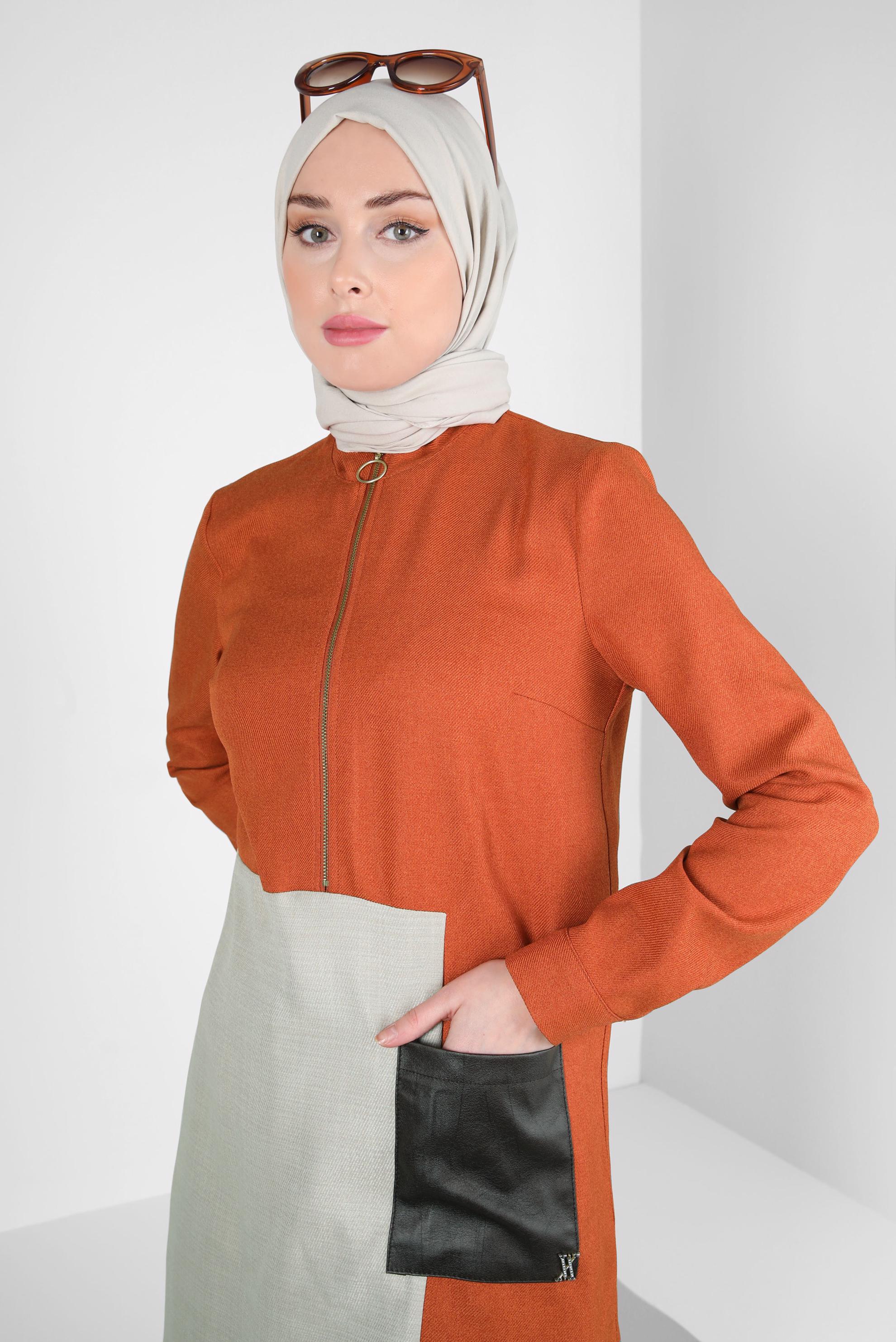 Tesettür giyim TABA RENK BLOKLU TUNİK 44143