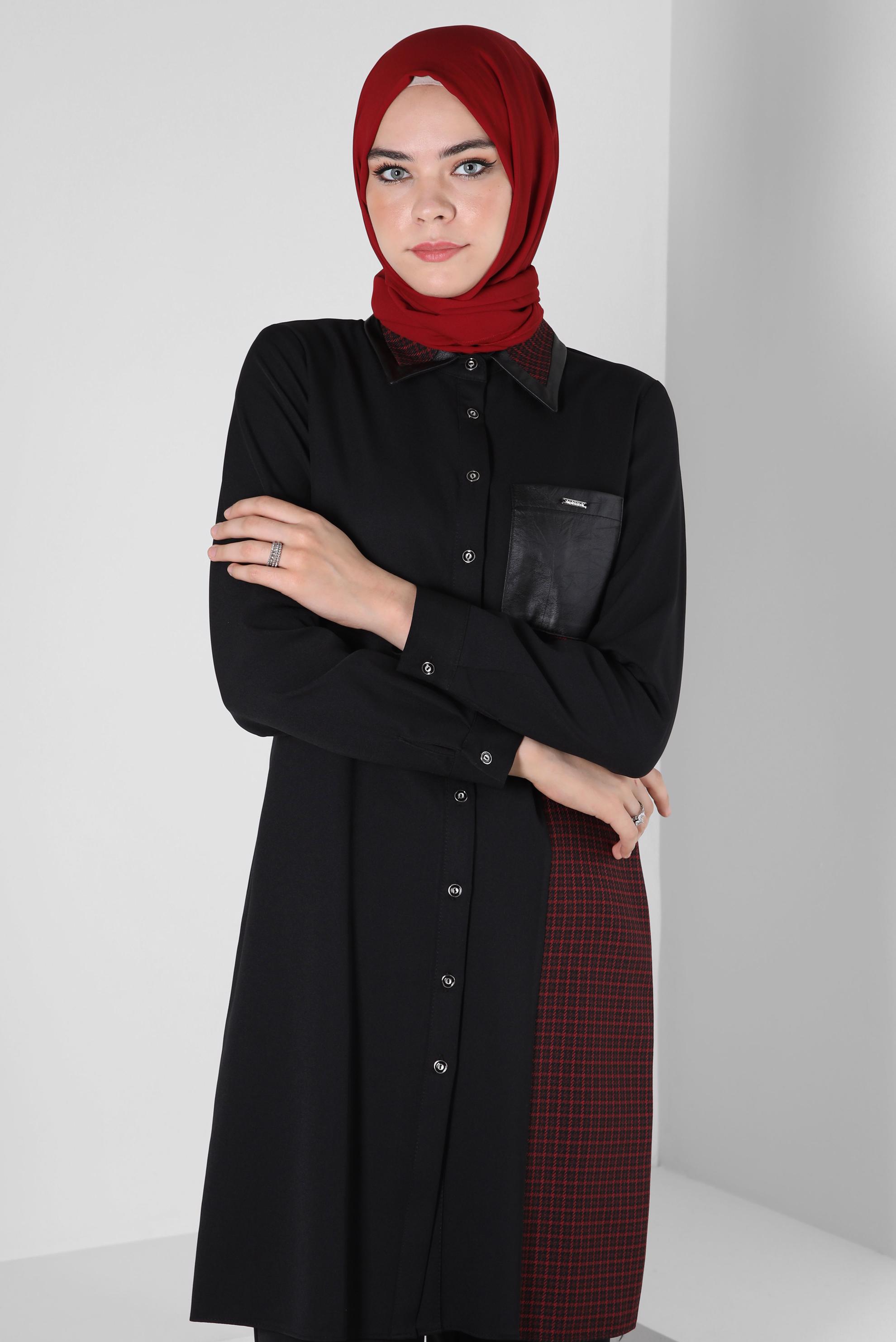 Tesettür giyim SİYAH EKOSE DETAYLI GÖMLEK TUNİK 44144