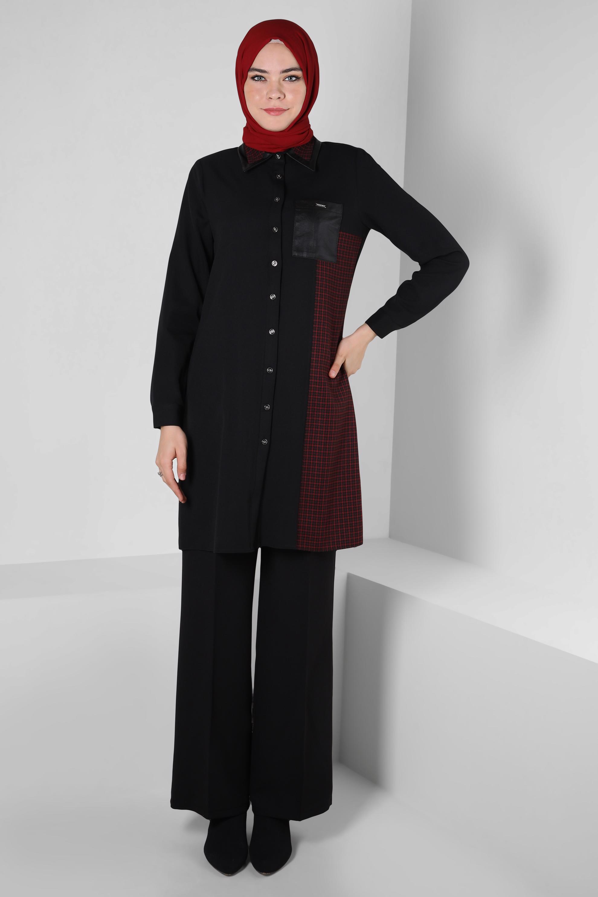 Tesettür giyim SİYAH EKOSE DETAYLI GÖMLEK TUNİK 44144