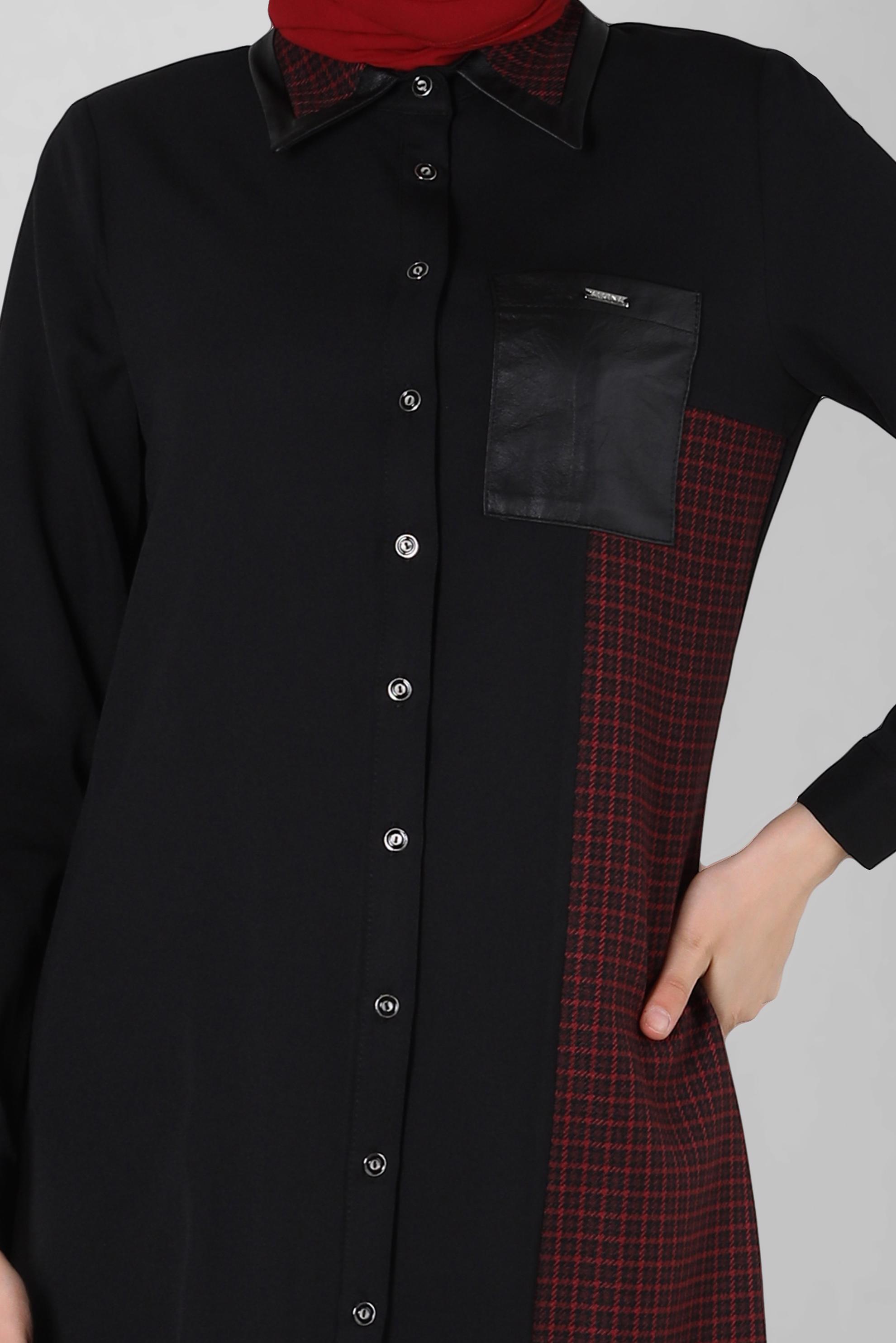 Tesettür giyim SİYAH EKOSE DETAYLI GÖMLEK TUNİK 44144