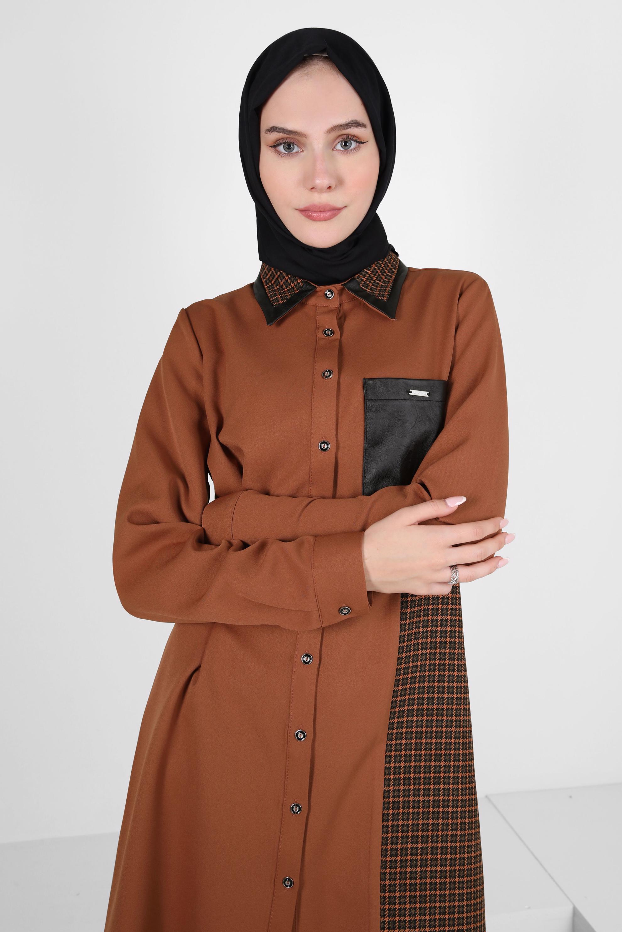 Tesettür giyim TABA EKOSE DETAYLI GÖMLEK TUNİK 44144