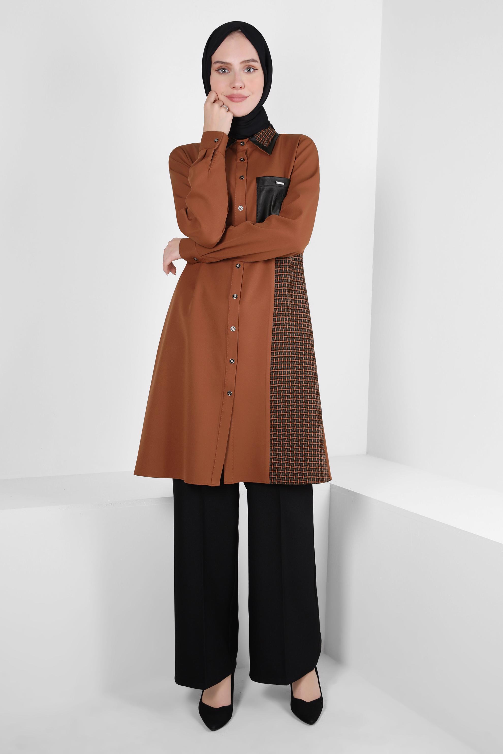 Tesettür giyim TABA EKOSE DETAYLI GÖMLEK TUNİK 44144