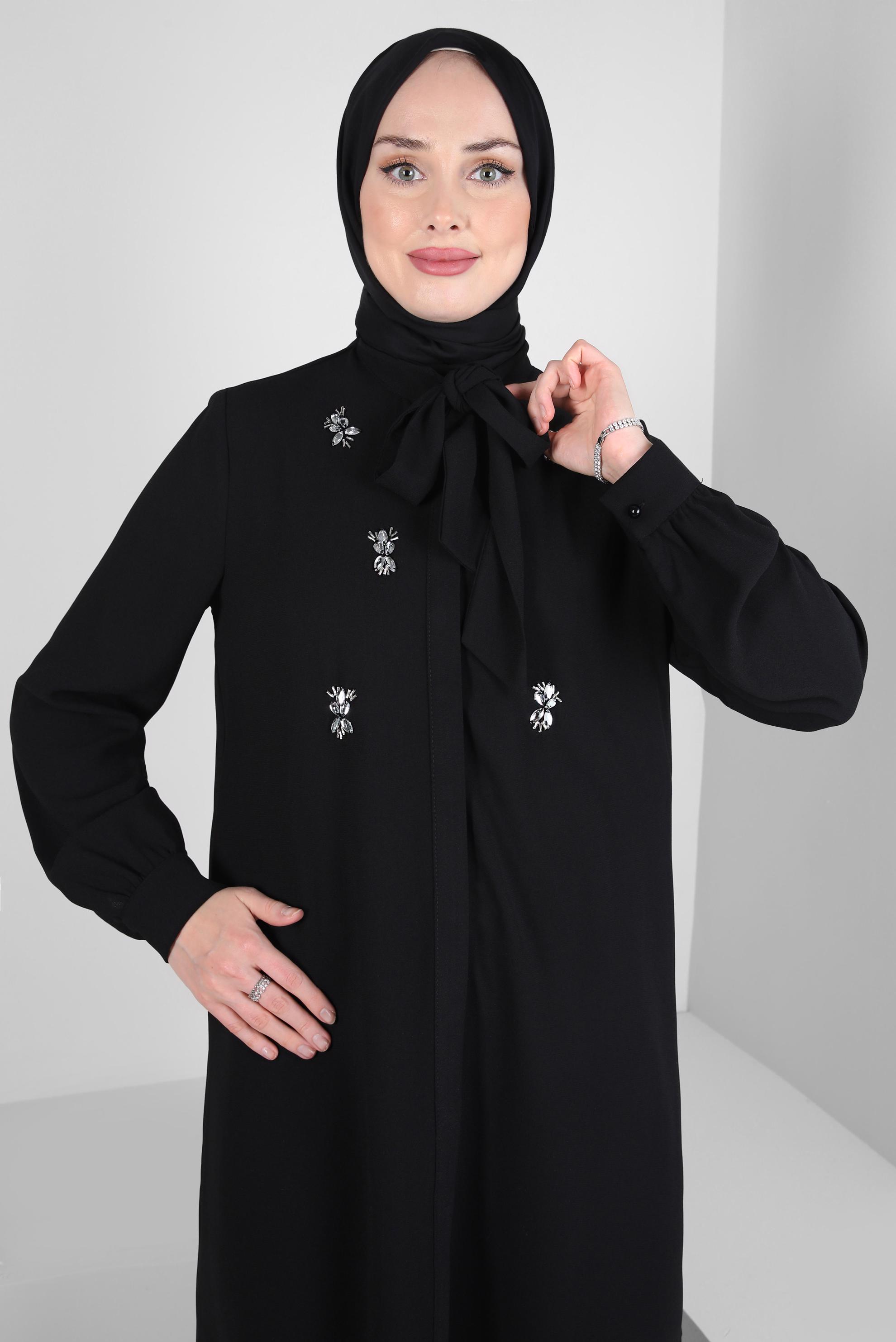Tesettür giyim SİYAH TAŞ DETAYLI KREP TUNİK 44145