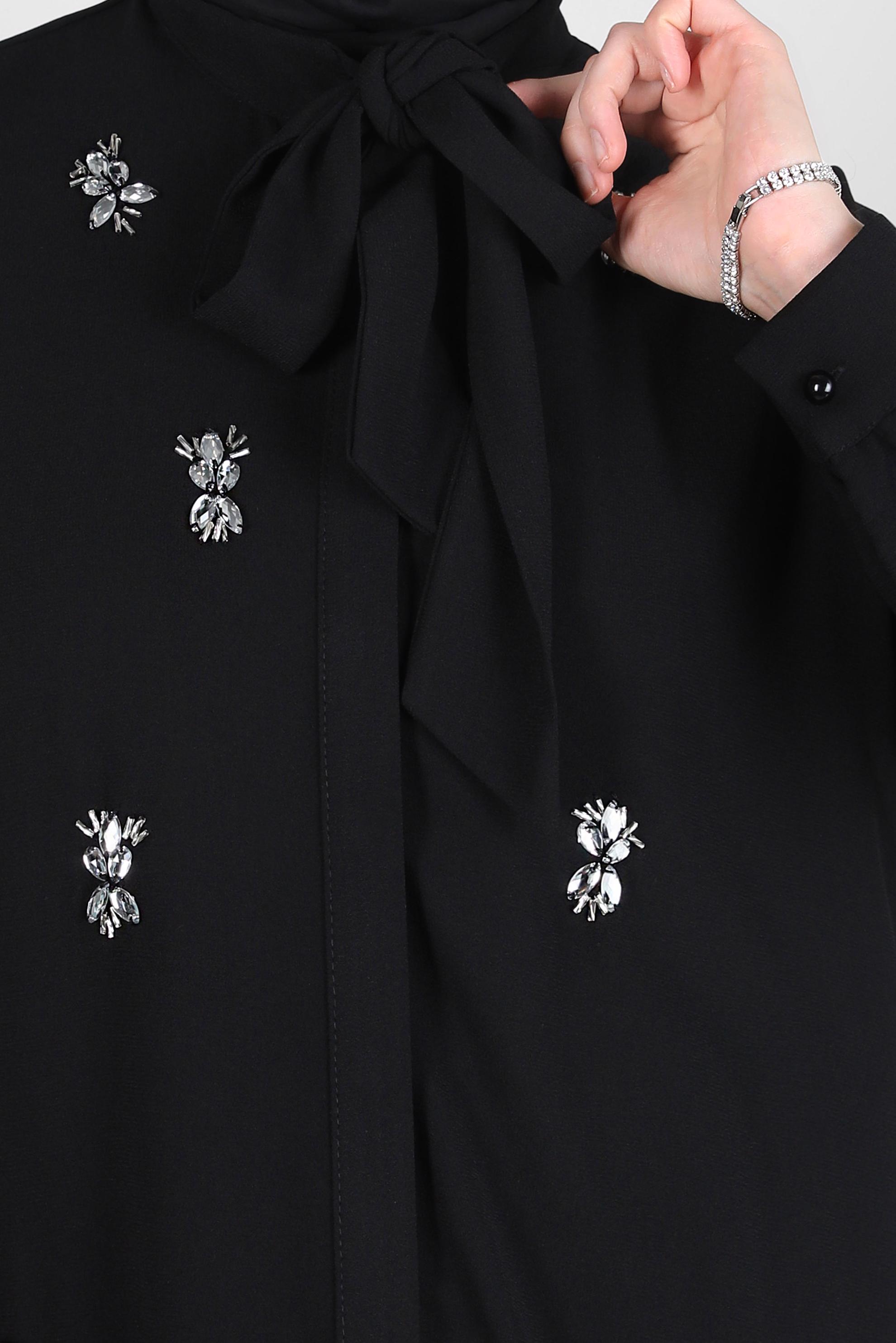 Tesettür giyim SİYAH TAŞ DETAYLI KREP TUNİK 44145