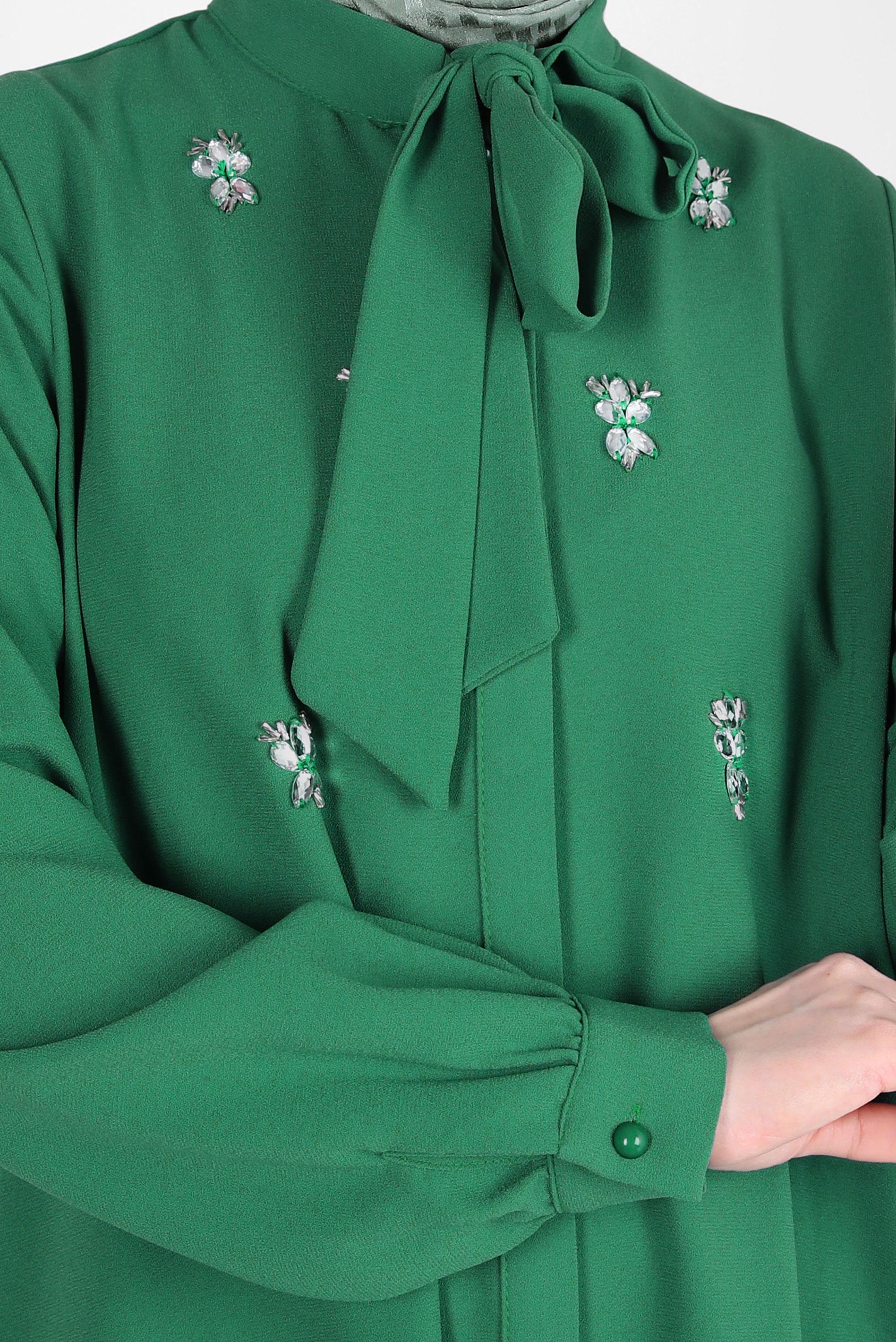 Tesettür giyim YEŞİL TAŞ DETAYLI KREP TUNİK 44145