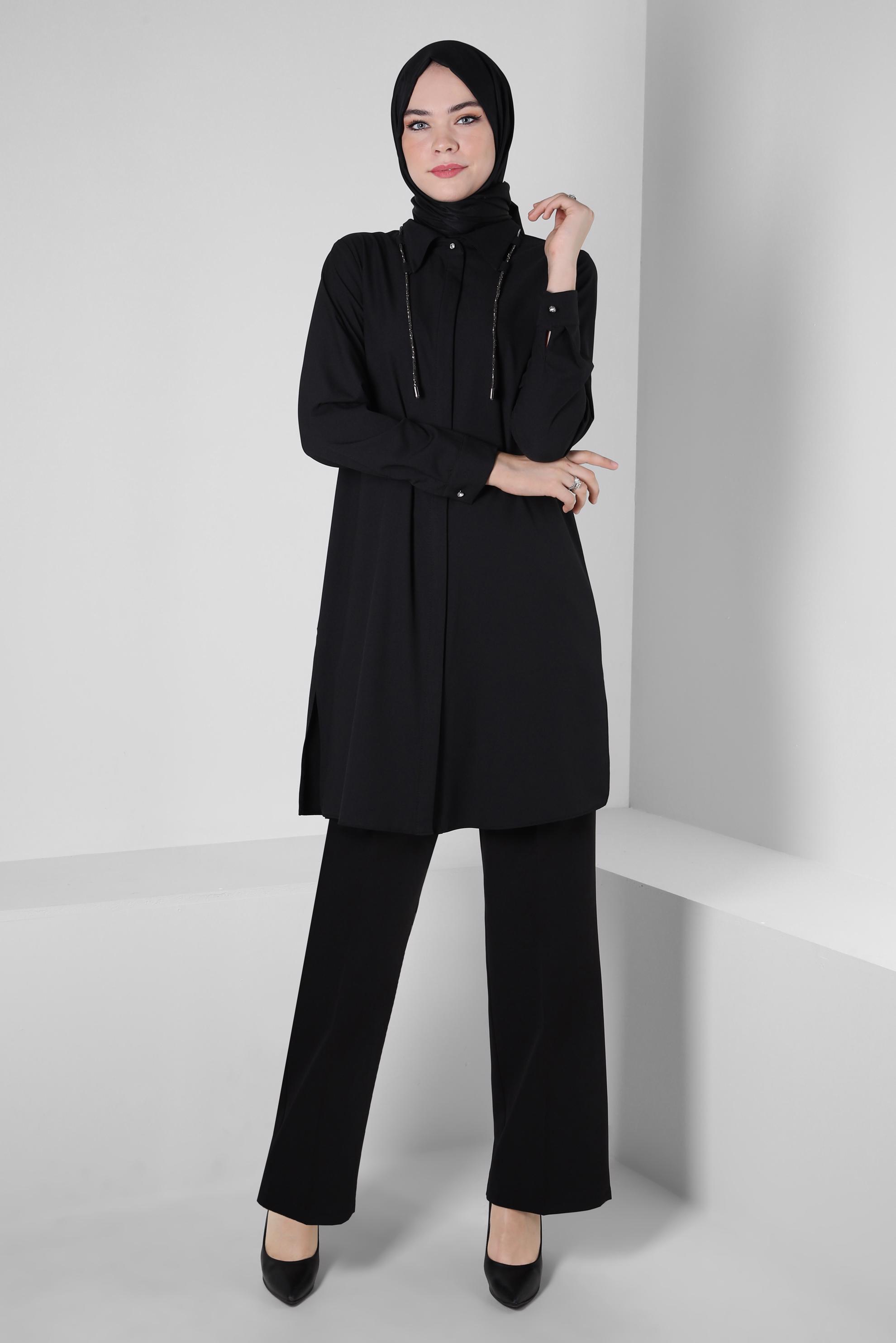 Tesettür giyim SİYAH BAĞCIK DETAYLI GÖMLEK TUNİK 44149