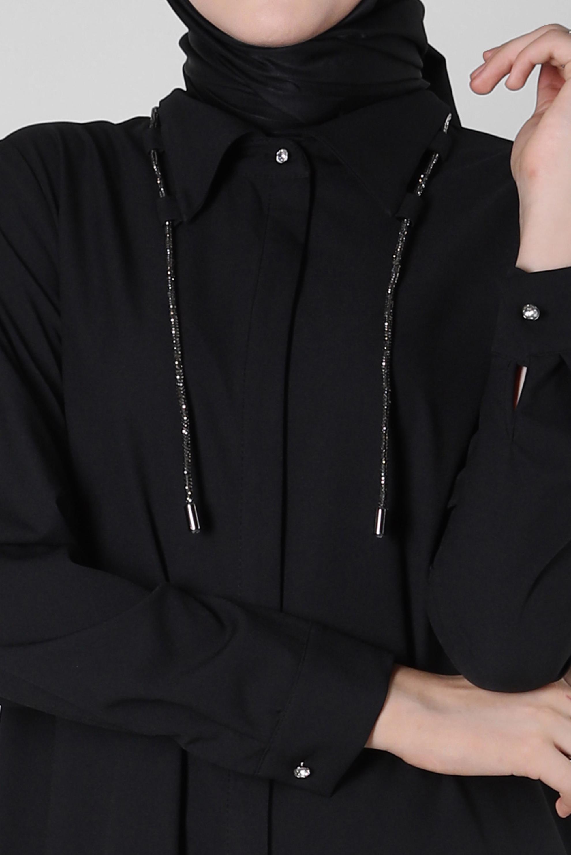 Tesettür giyim SİYAH BAĞCIK DETAYLI GÖMLEK TUNİK 44149