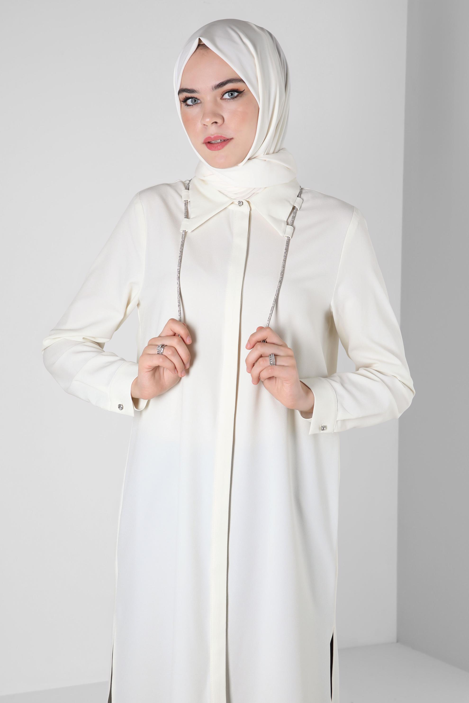 Tesettür giyim BEYAZ BAĞCIK DETAYLI GÖMLEK TUNİK 44149