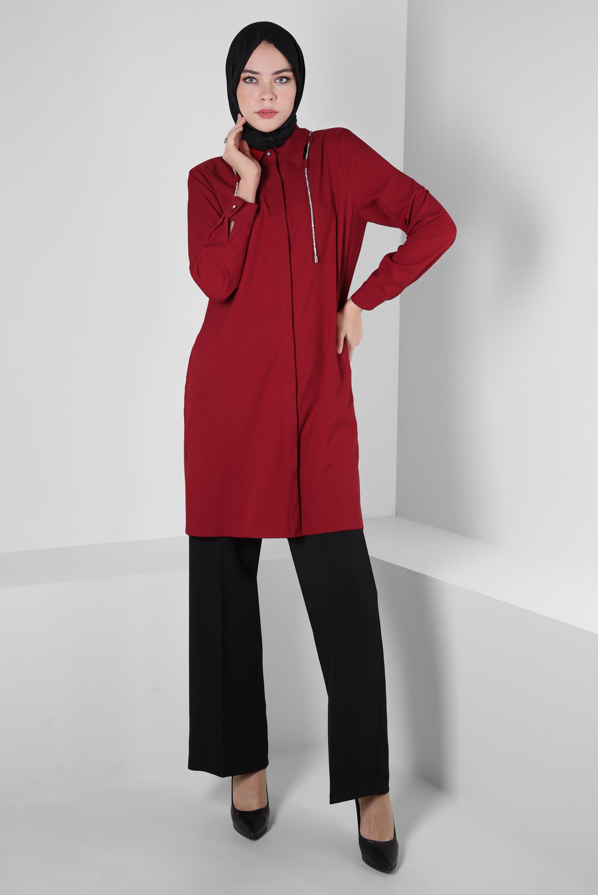 Tesettür giyim KIRMIZI BAĞCIK DETAYLI GÖMLEK TUNİK 44149