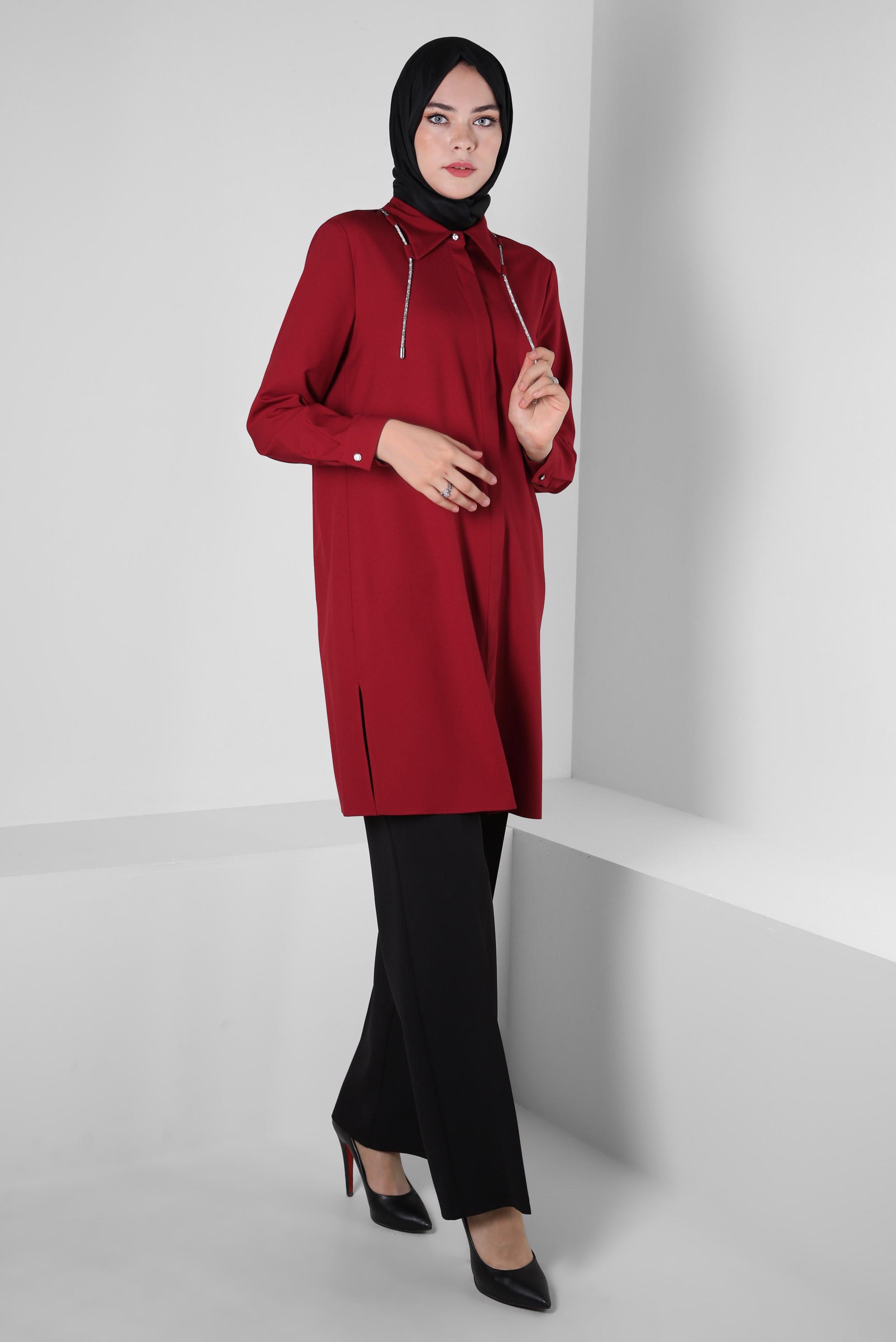 Tesettür giyim KIRMIZI BAĞCIK DETAYLI GÖMLEK TUNİK 44149