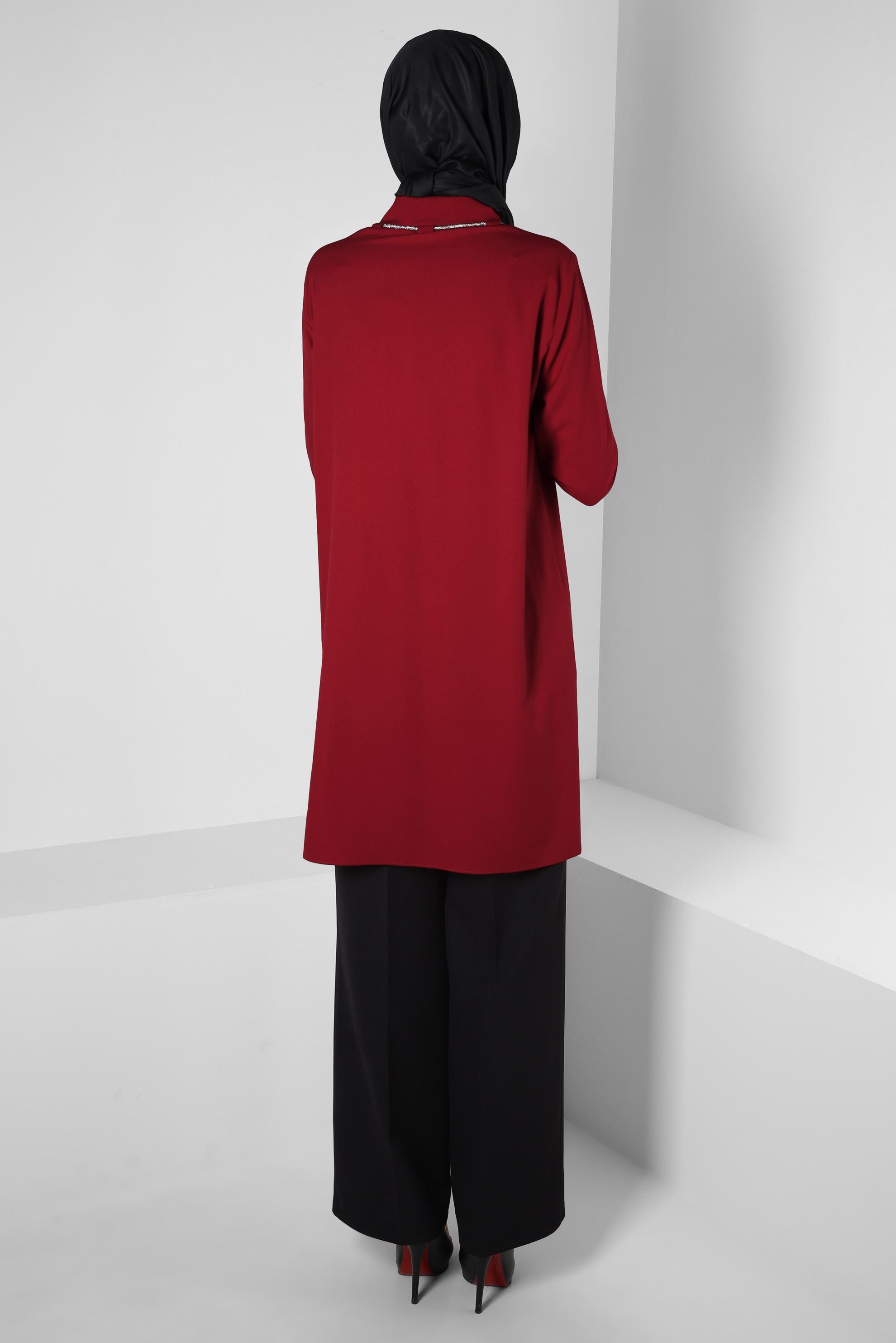 Tesettür giyim KIRMIZI BAĞCIK DETAYLI GÖMLEK TUNİK 44149