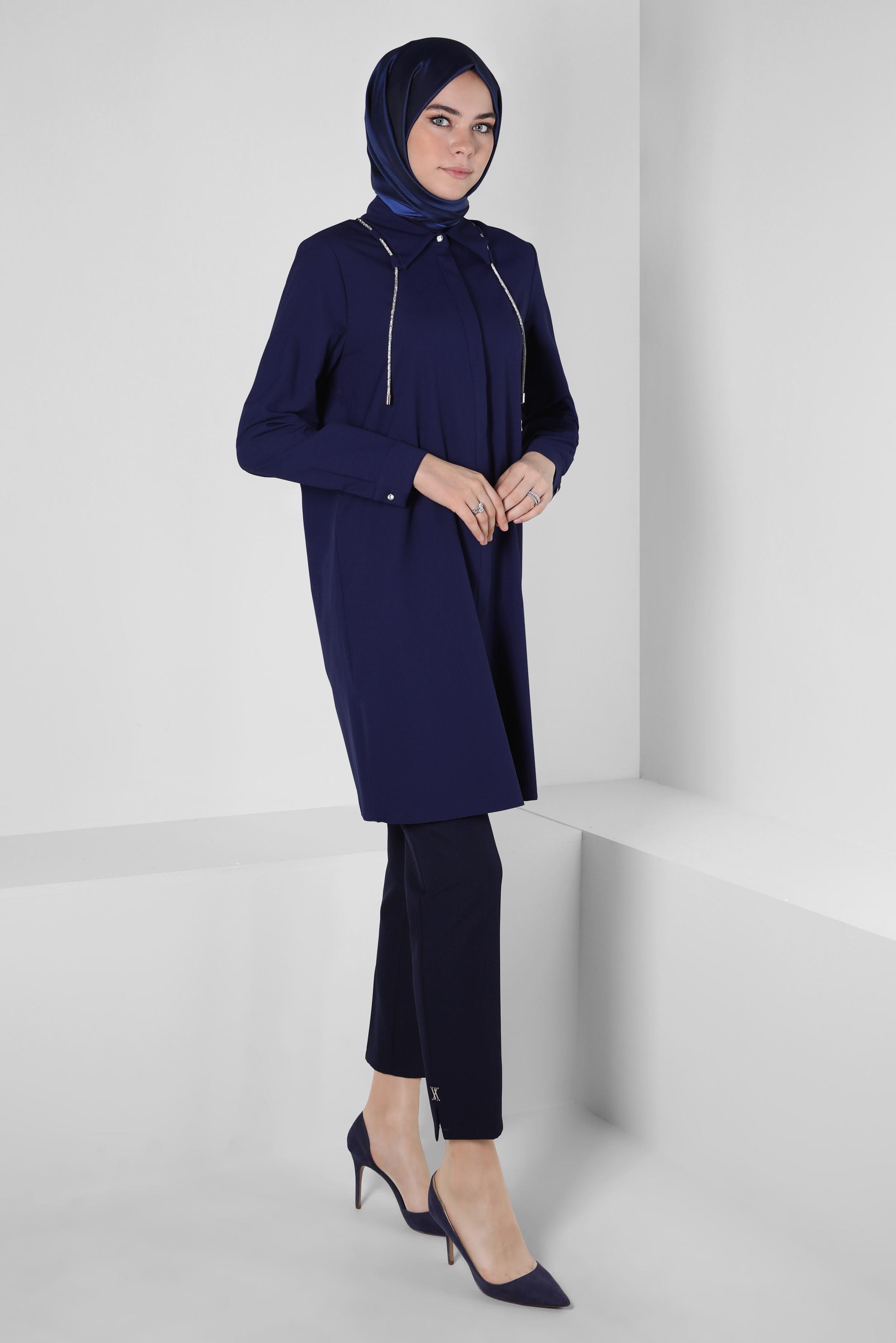 Tesettür giyim LACİVERT BAĞCIK DETAYLI GÖMLEK TUNİK 44149
