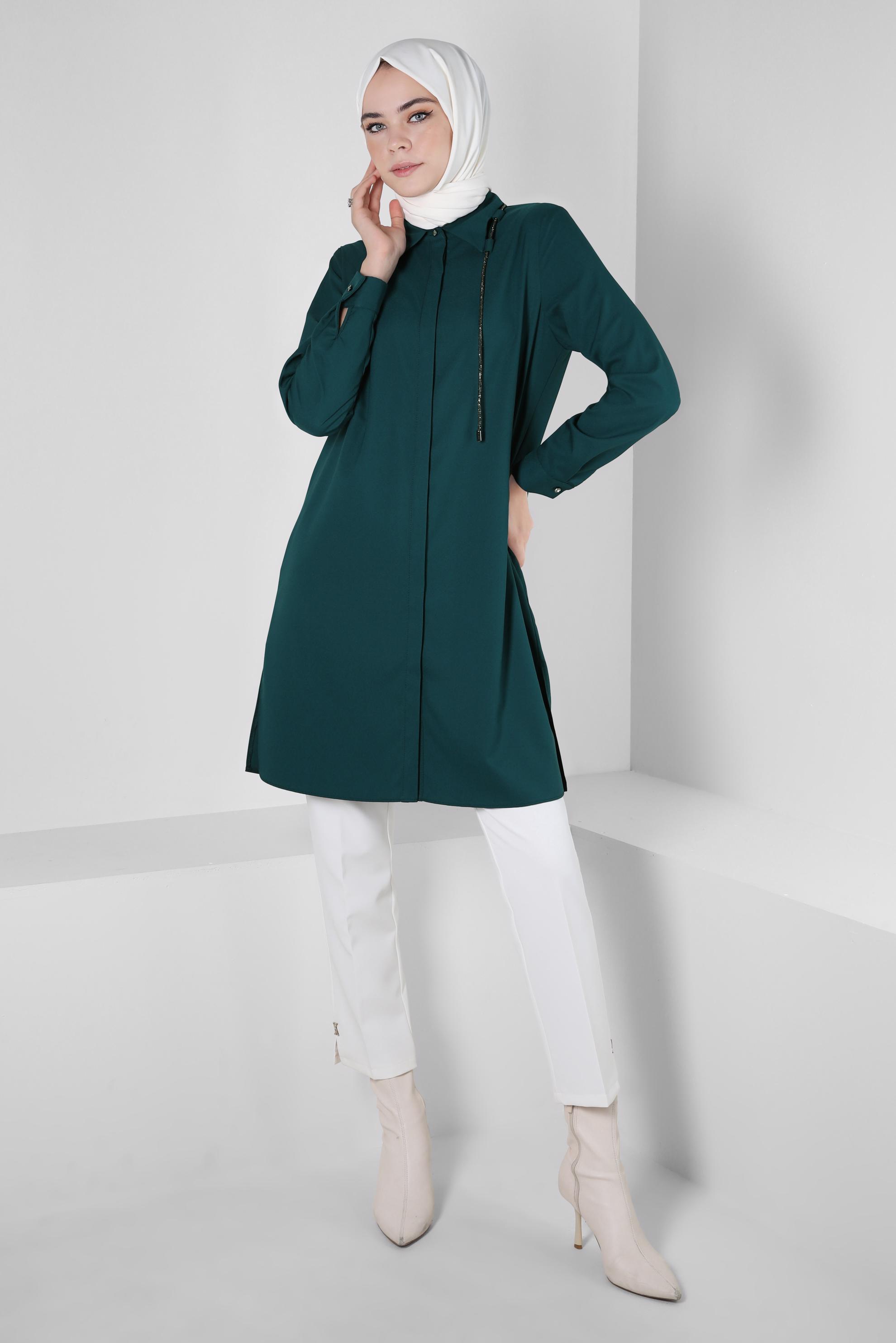 Tesettür giyim YEŞİL BAĞCIK DETAYLI GÖMLEK TUNİK 44149