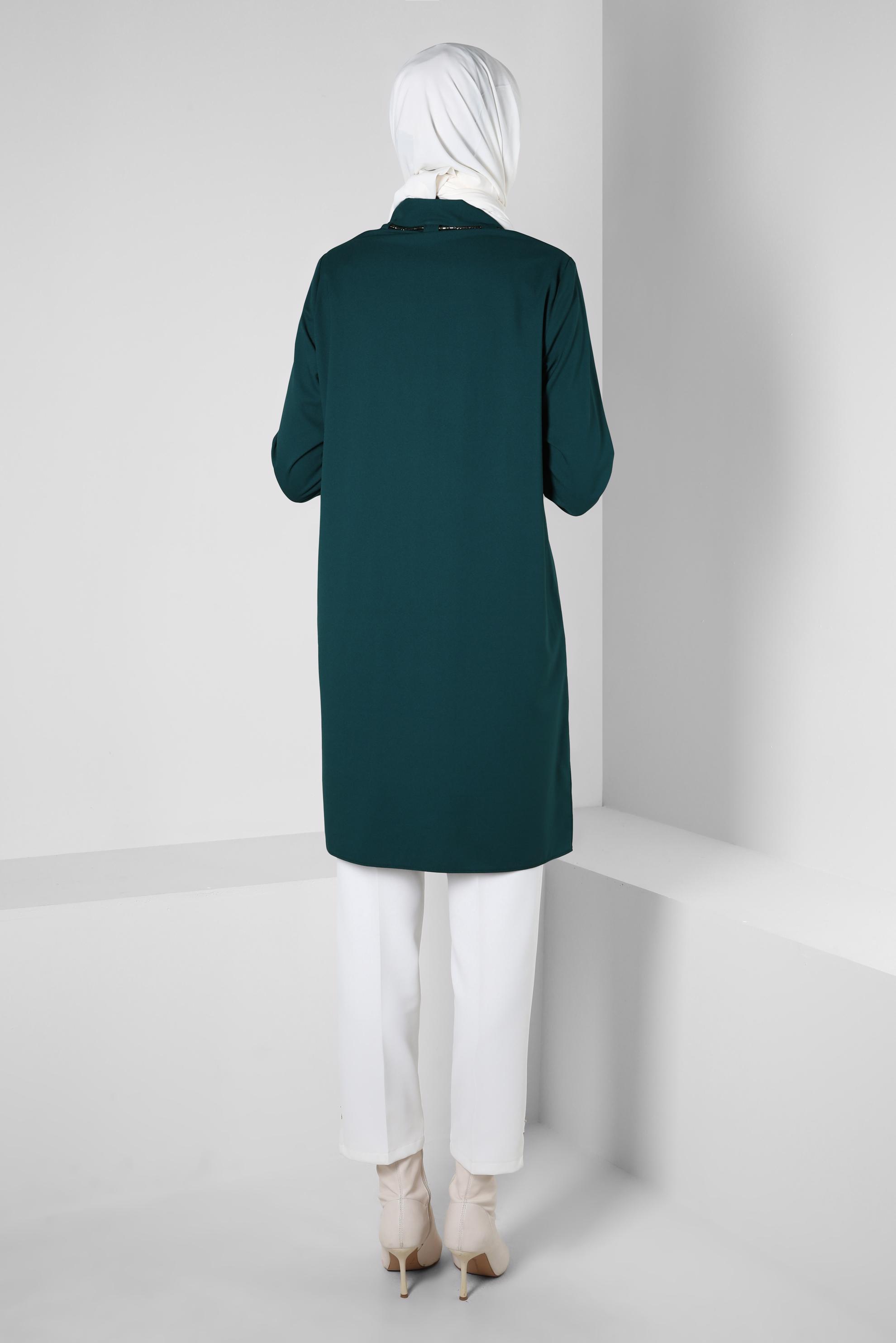 Tesettür giyim YEŞİL BAĞCIK DETAYLI GÖMLEK TUNİK 44149