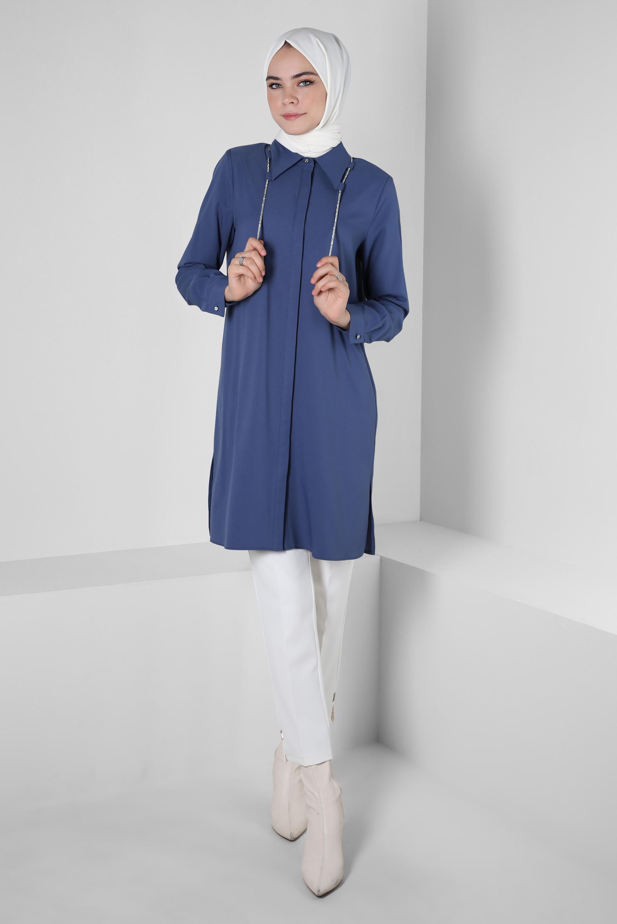 Tesettür giyim MAVİ BAĞCIK DETAYLI GÖMLEK TUNİK 44149