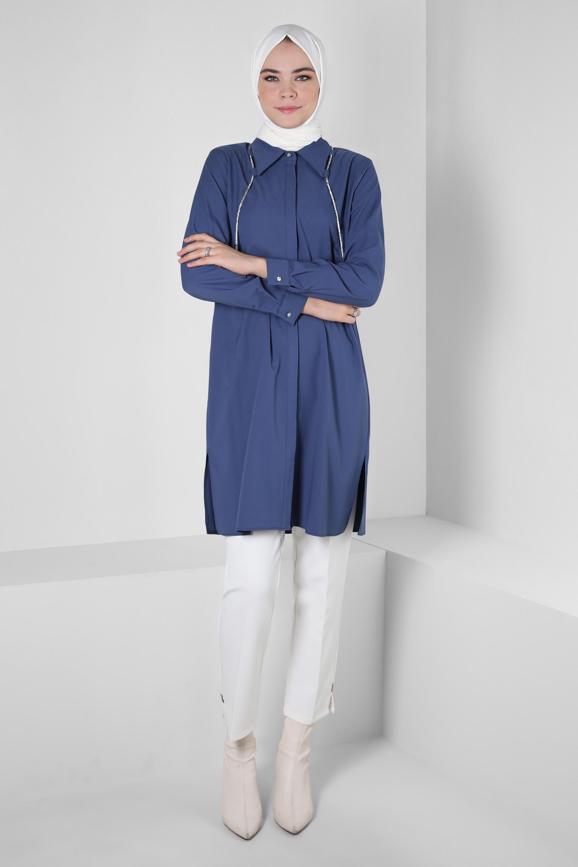 Tesettür giyim MAVİ BAĞCIK DETAYLI GÖMLEK TUNİK 44149