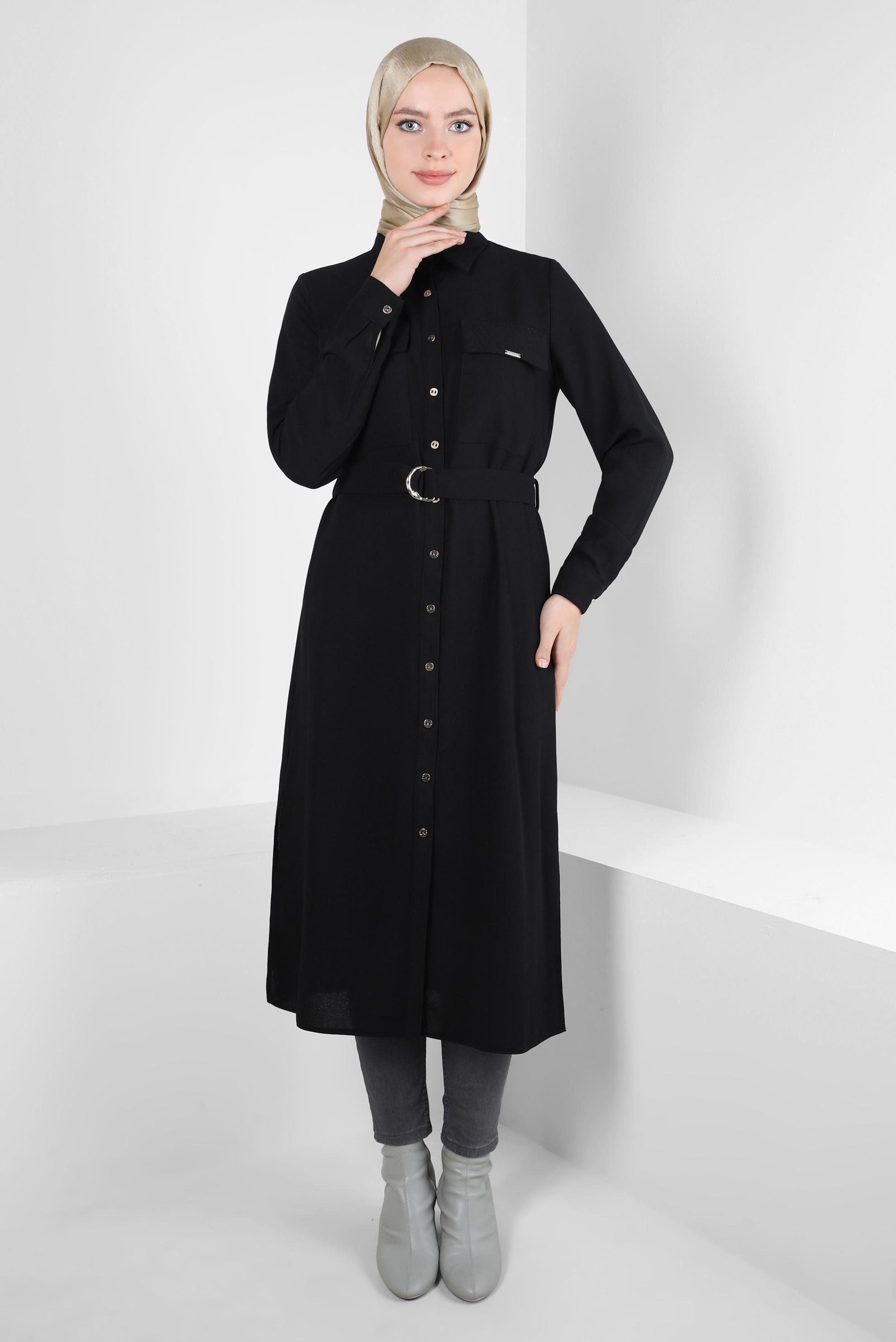 Tesettür giyim SİYAH KEMERLİ KREP TUNİK 44150