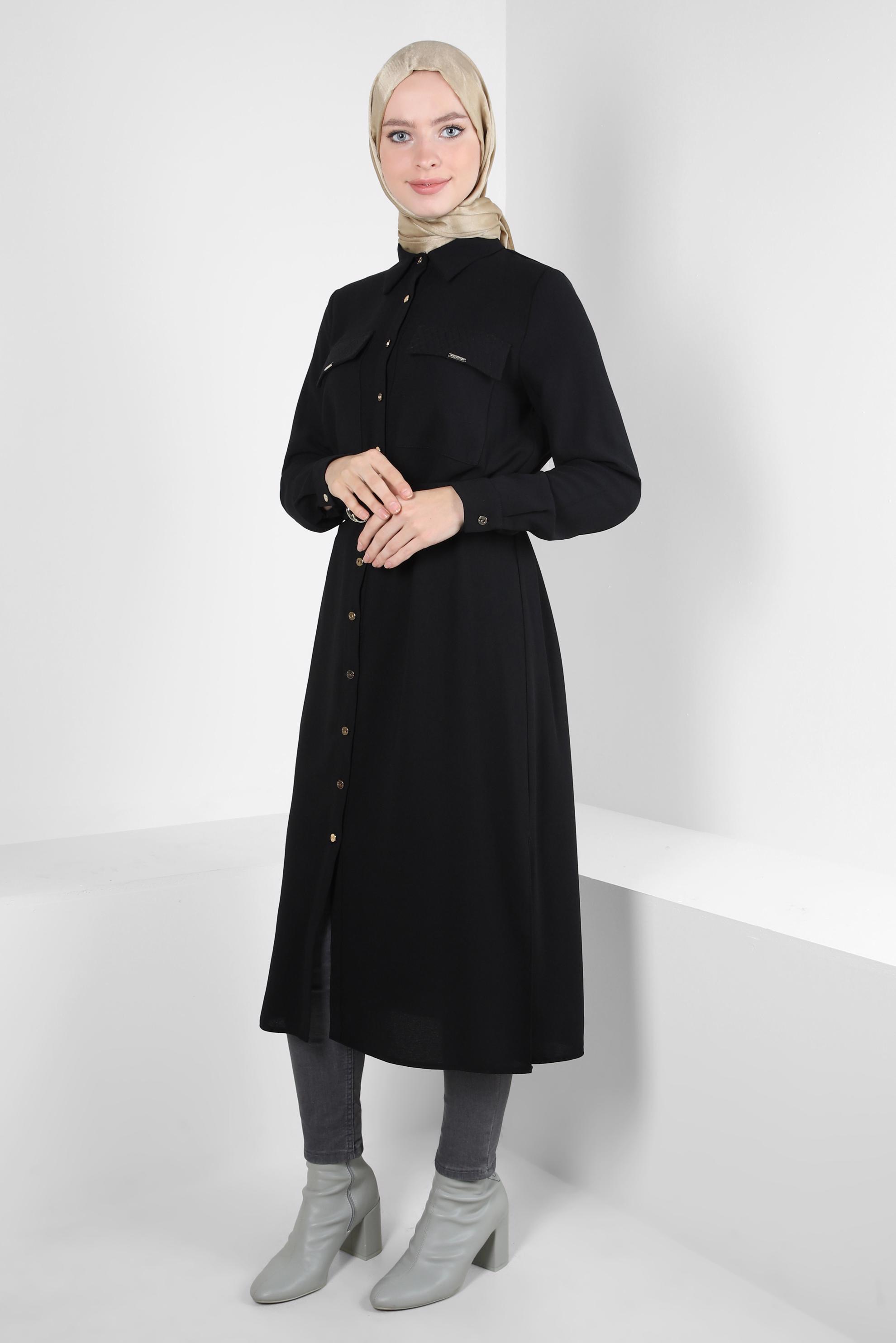 Tesettür giyim SİYAH KEMERLİ KREP TUNİK 44150