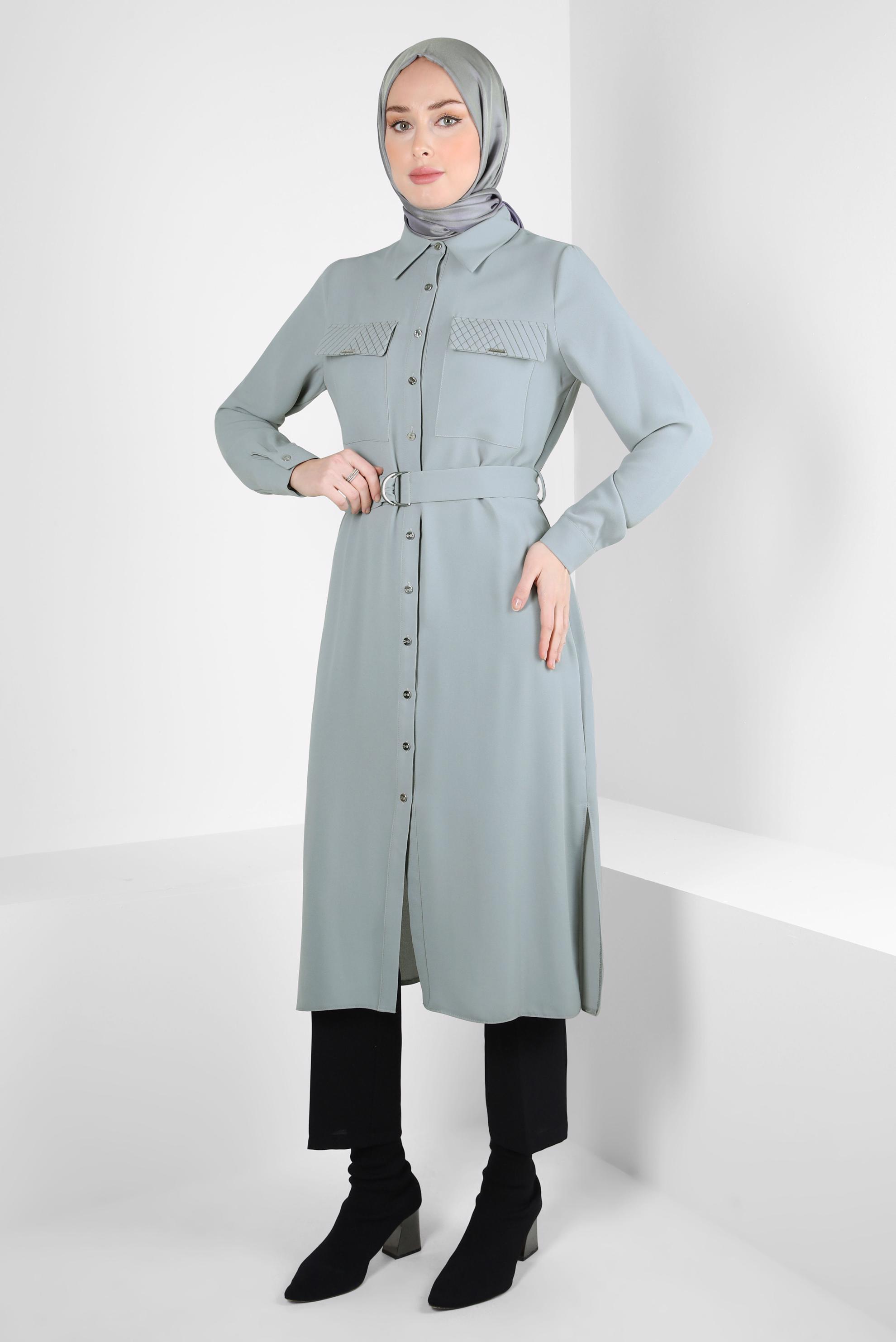 Tesettür giyim GRİ KEMERLİ KREP TUNİK 44150