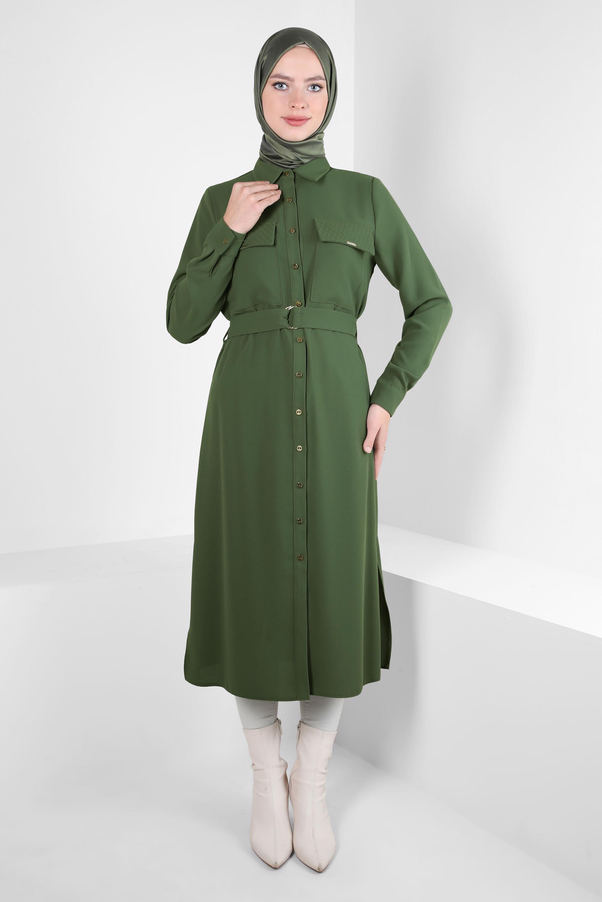 Tesettür giyim HAKİ KEMERLİ KREP TUNİK 44150