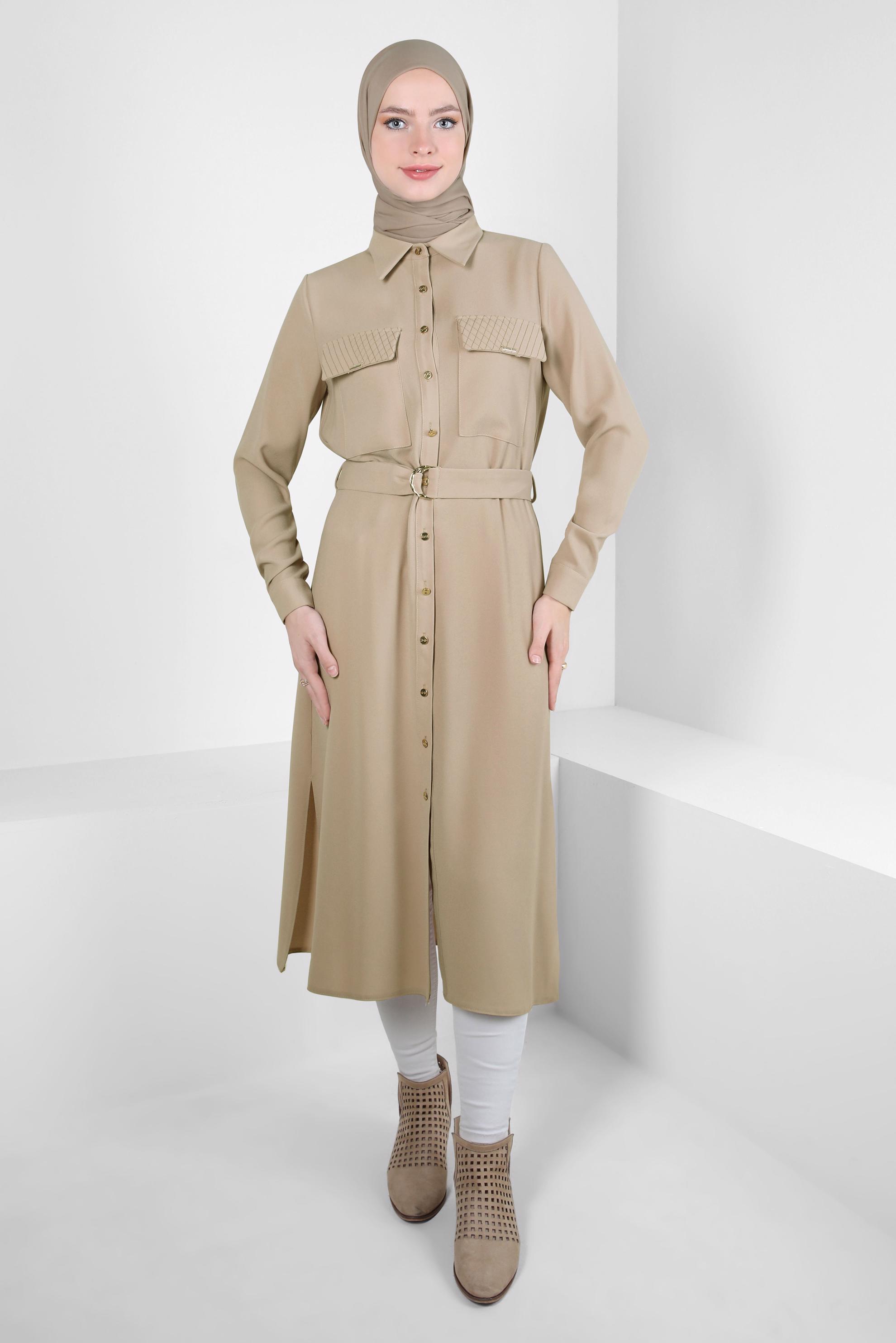 Tesettür giyim BEJ KEMERLİ KREP TUNİK 44150