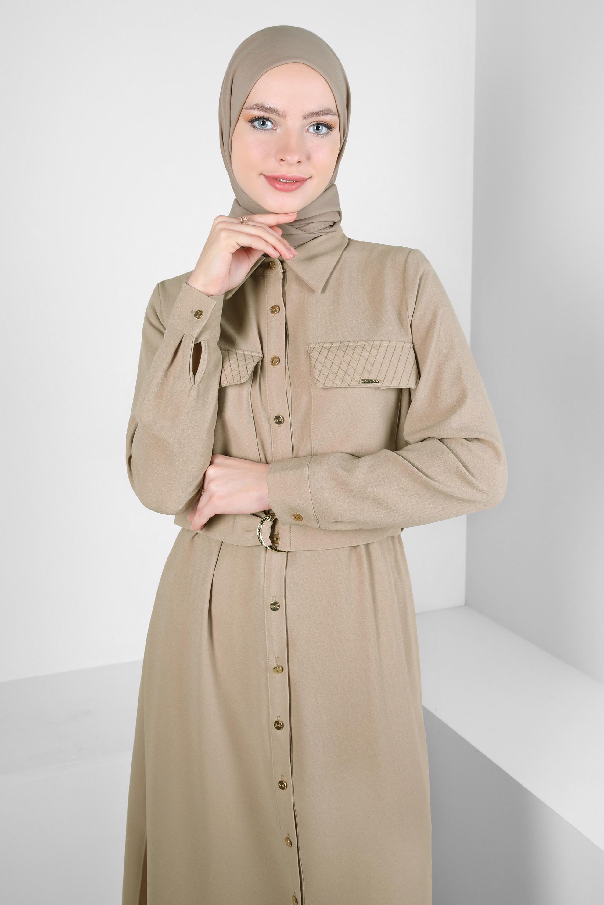 Tesettür giyim BEJ KEMERLİ KREP TUNİK 44150