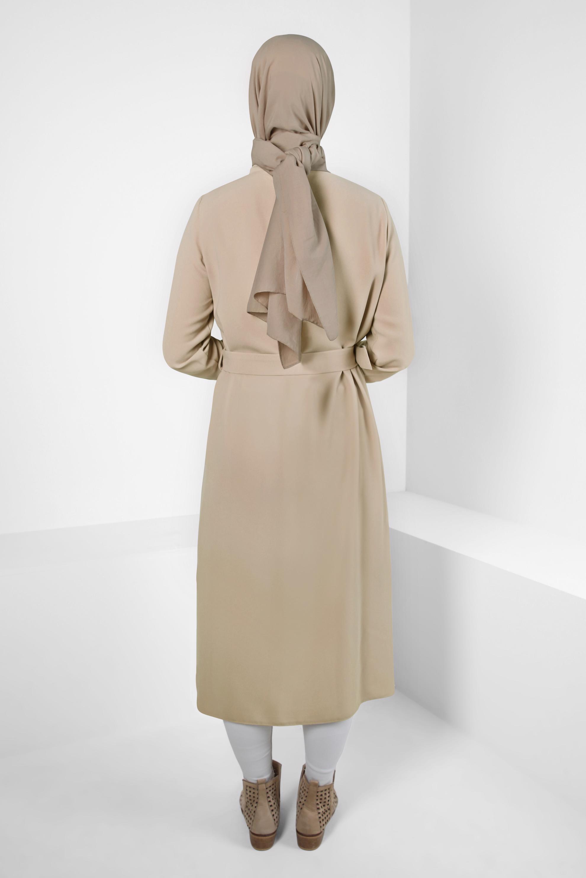 Tesettür giyim BEJ KEMERLİ KREP TUNİK 44150