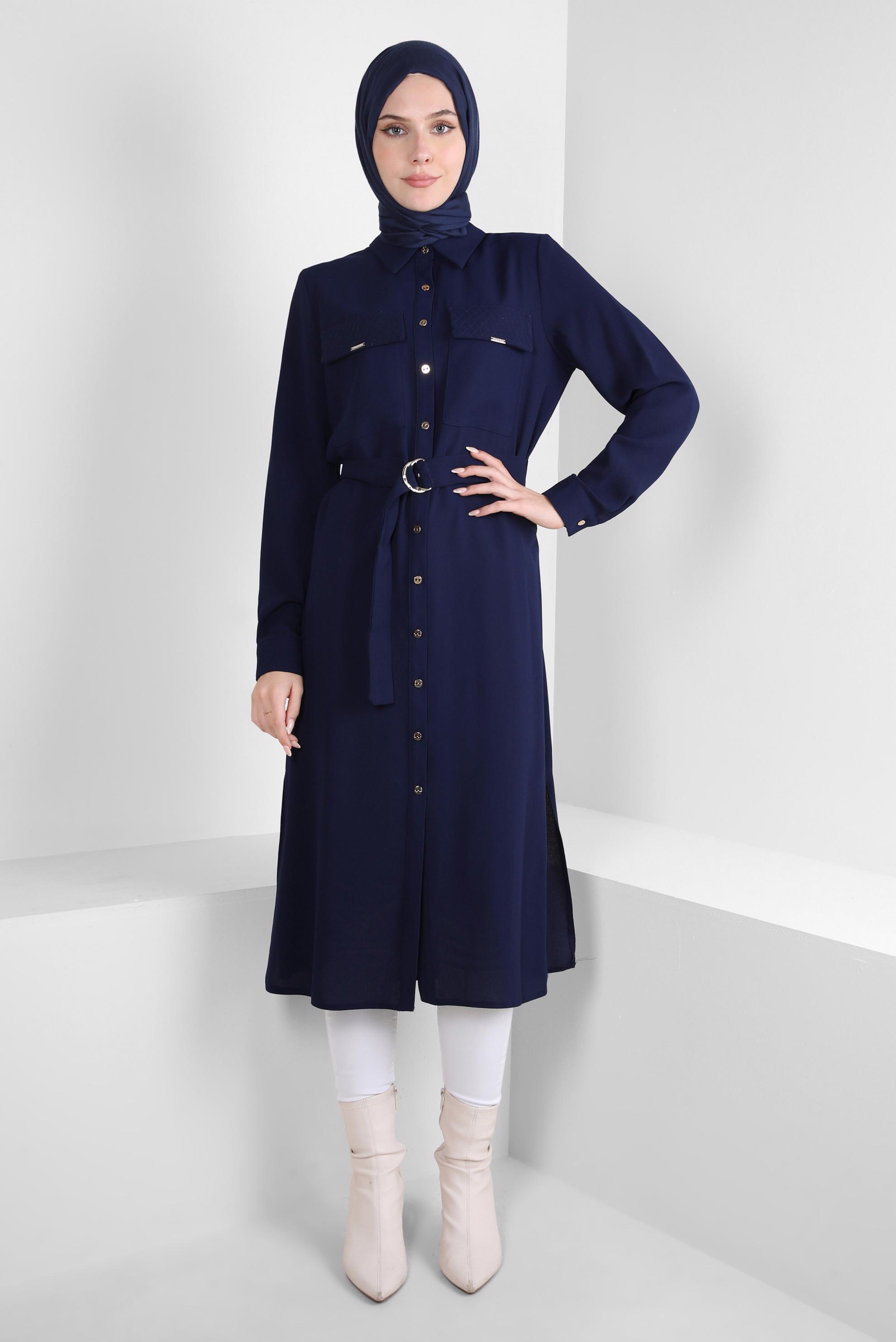 Tesettür giyim LACİVERT KEMERLİ KREP TUNİK 44150